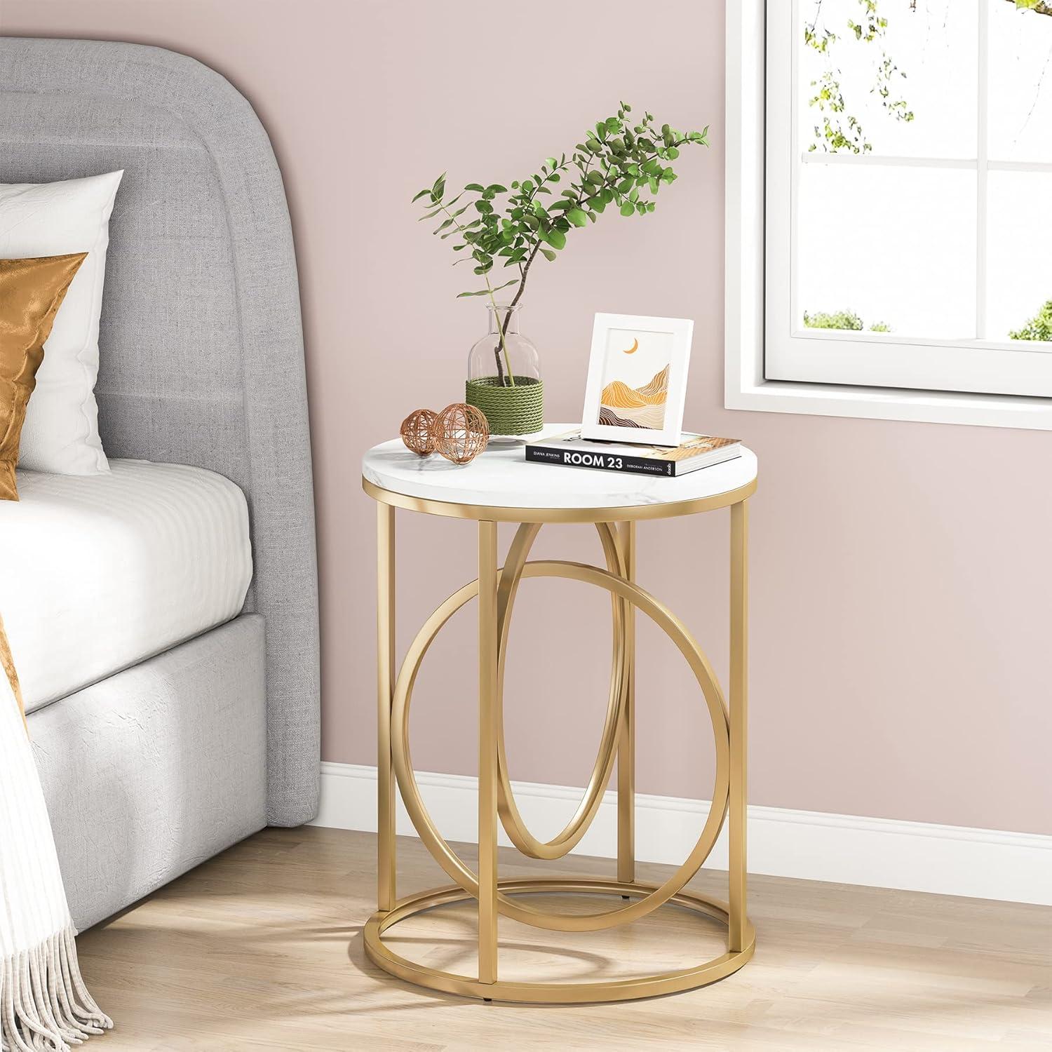 Tribesigns Morden Round End Table with Faux Marble White Top, 20" Sofa Side Table Coffee Table Cocktail Table with Unique Gold O-shaped Base for Living Room Bedroom