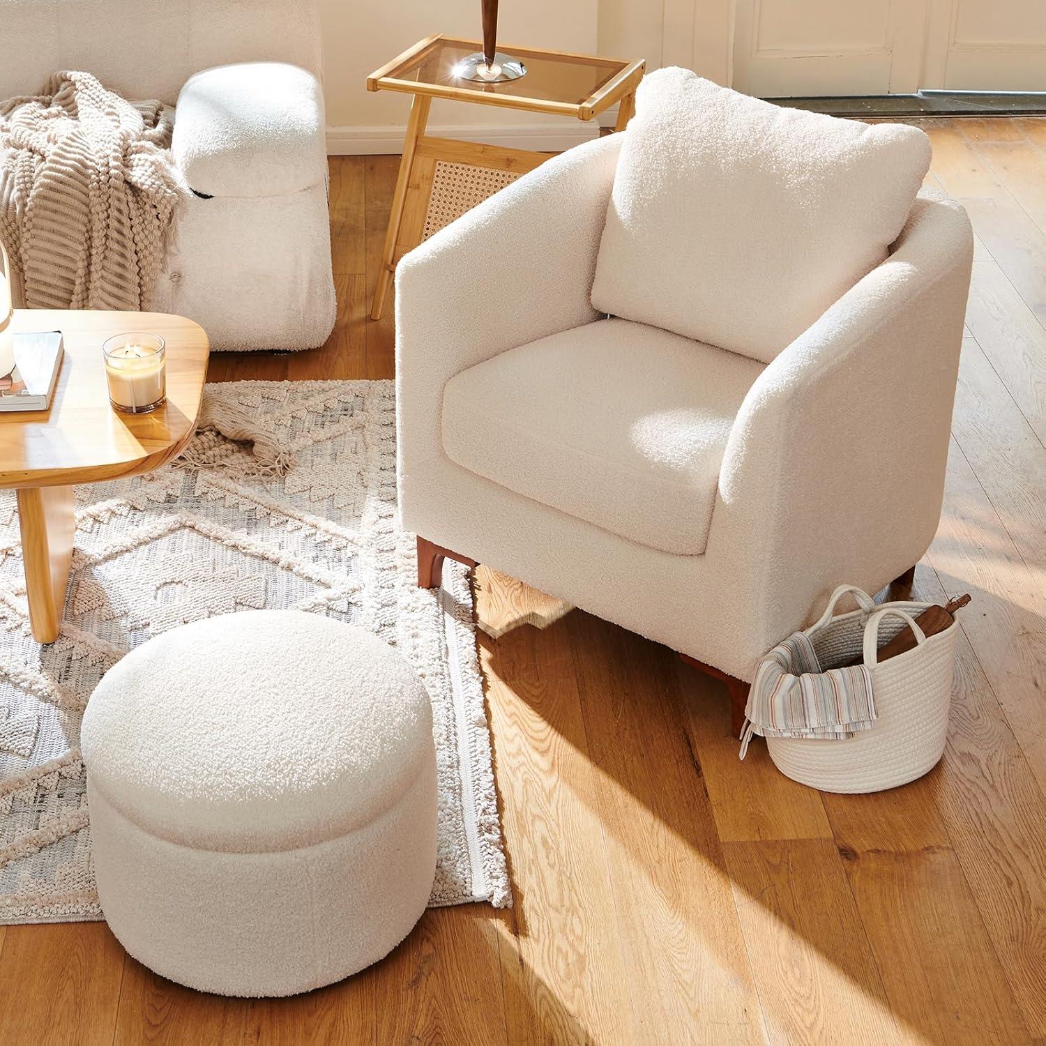 COLAMY Sherpa Accent Chair with Storage Ottoman, Modern Upholstered Living Room Chair with Foot Rest, Armchair with Back Pillow and Wooden Legs for Living Room, Bedroom, Reading Nook, Classic Cream