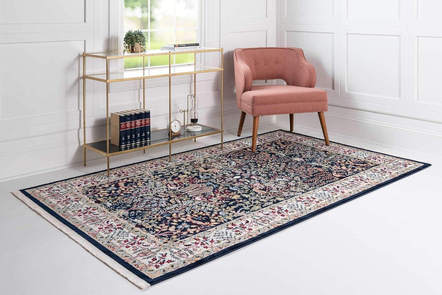 Navy Blue Floral Synthetic 8' x 10' Rectangular Area Rug