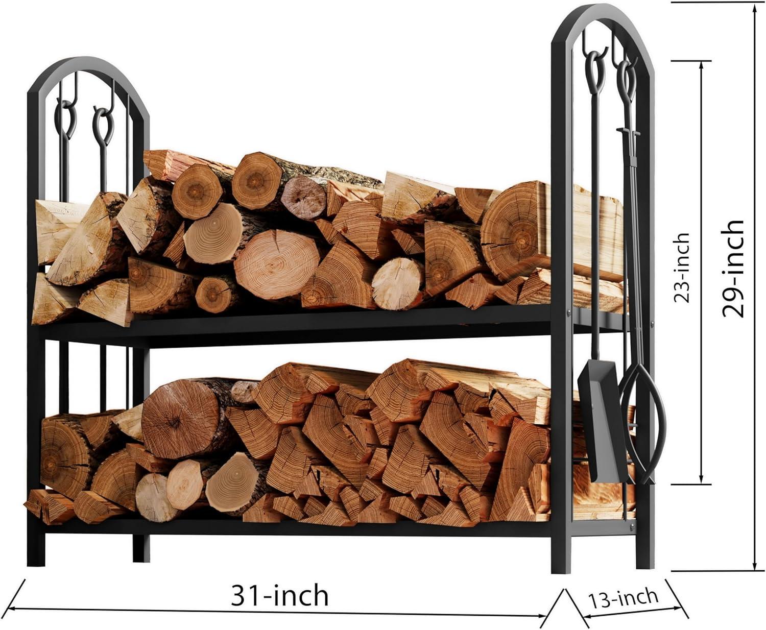 Black Metal Firewood Rack with Tools and Wood Shelf