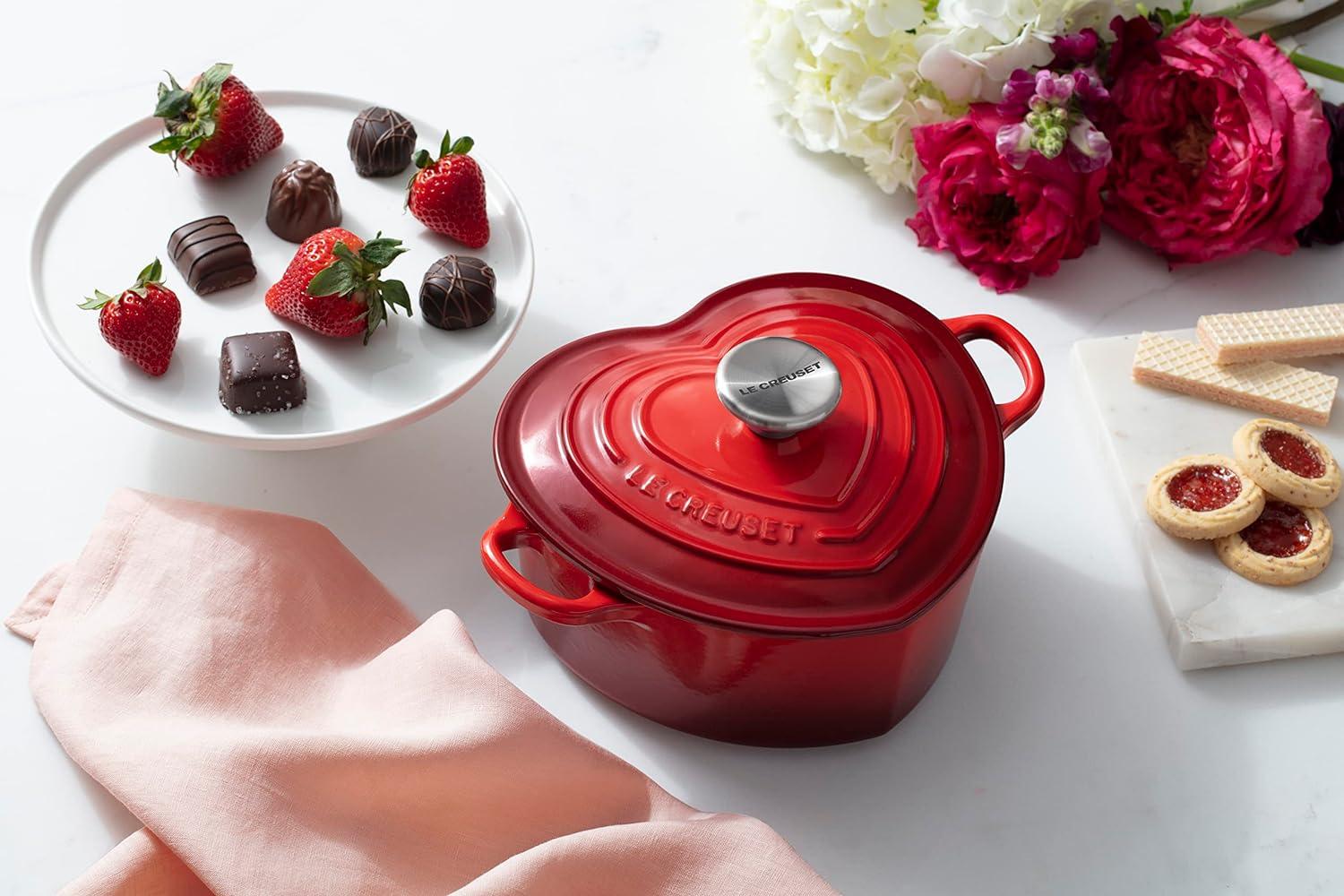 Cerise Red Enameled Cast Iron Heart Dutch Oven with Lid