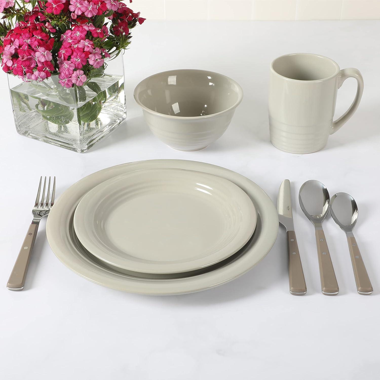 Grey Ceramic 32-Piece Dinnerware and Flatware Set, Service for 4