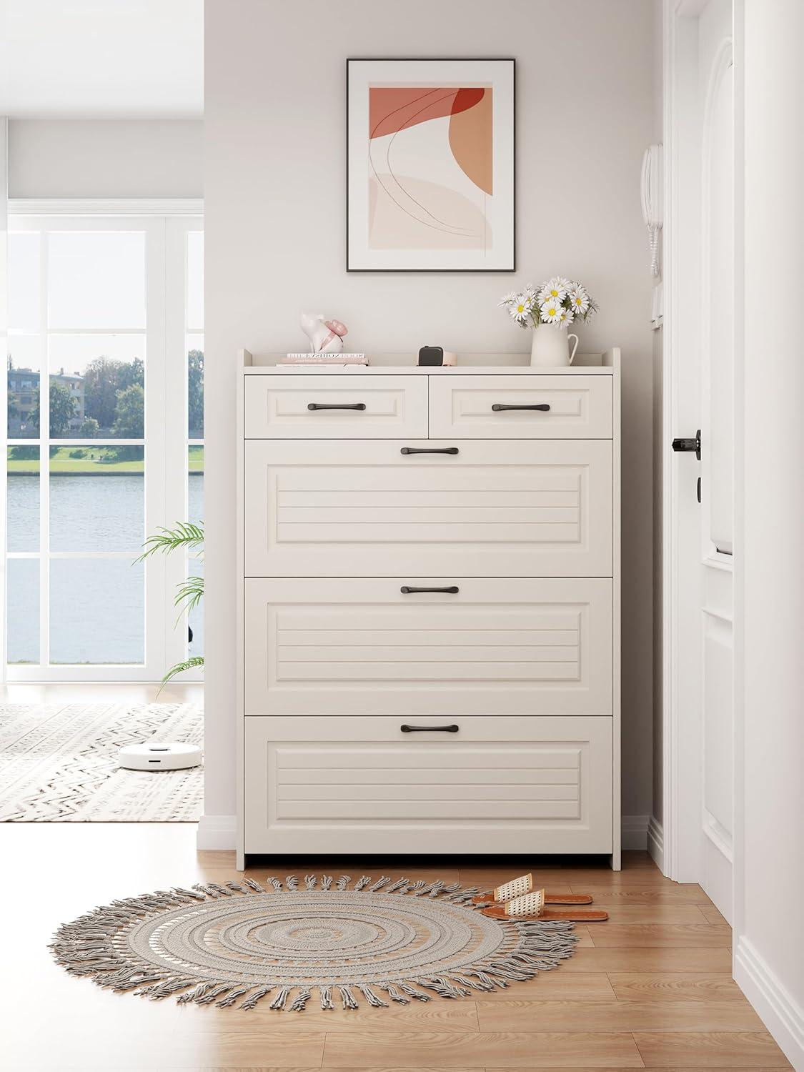 Miniyam Shoe Cabinet, Flip Down Freestanding Shoe Rack with Drawers, Entryway Shoe Storage Organizer, White