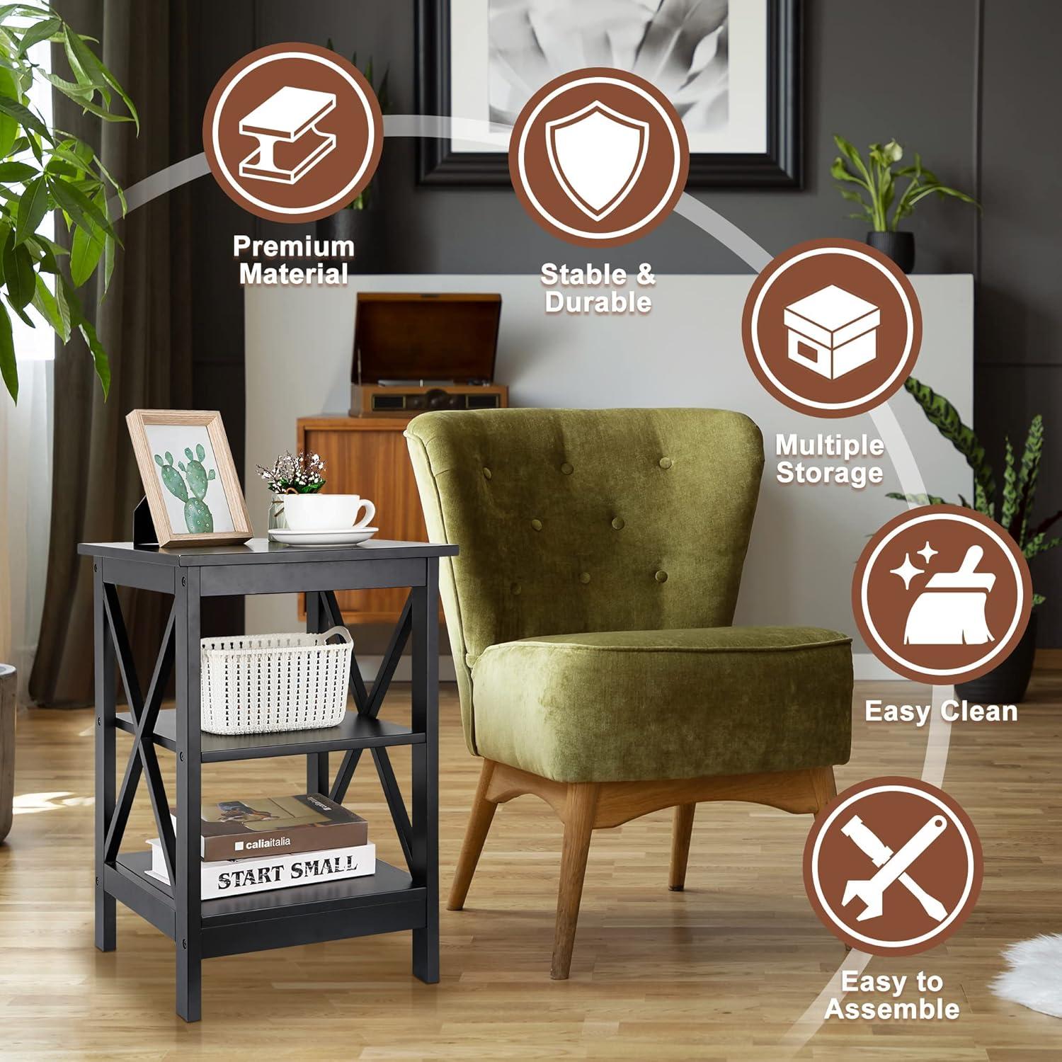 Nightstand Sofa Side Table End Table with 3-Tier Storage Shelf for Living Room, Bedroom, Office, Apartment, Easy Assembly, Black