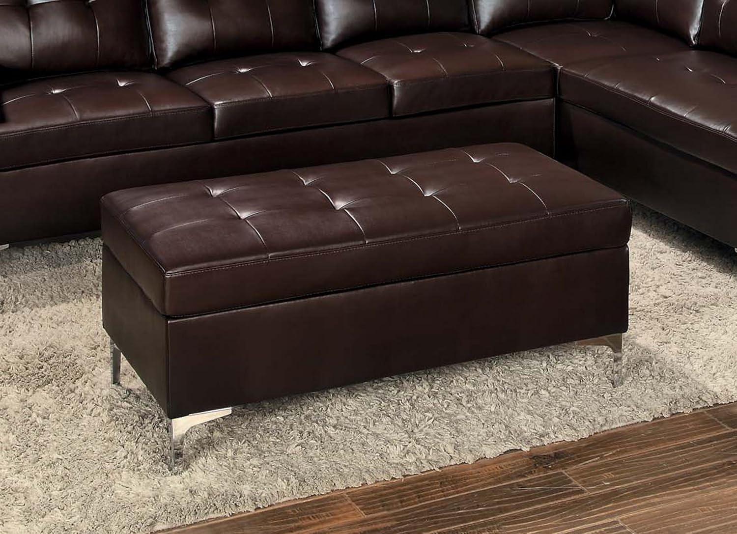 Tufted Leather Ottoman In Rectangular Shape, Brown- Saltoro Sherpi