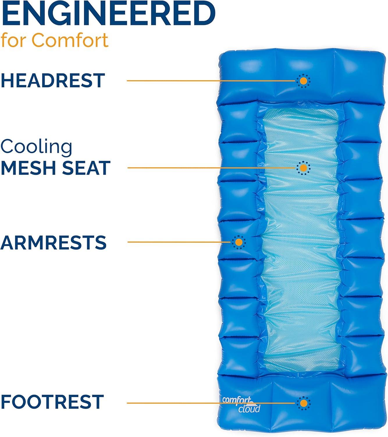 Blue Inflatable Pool Lounger with Headrest and Mesh Bed