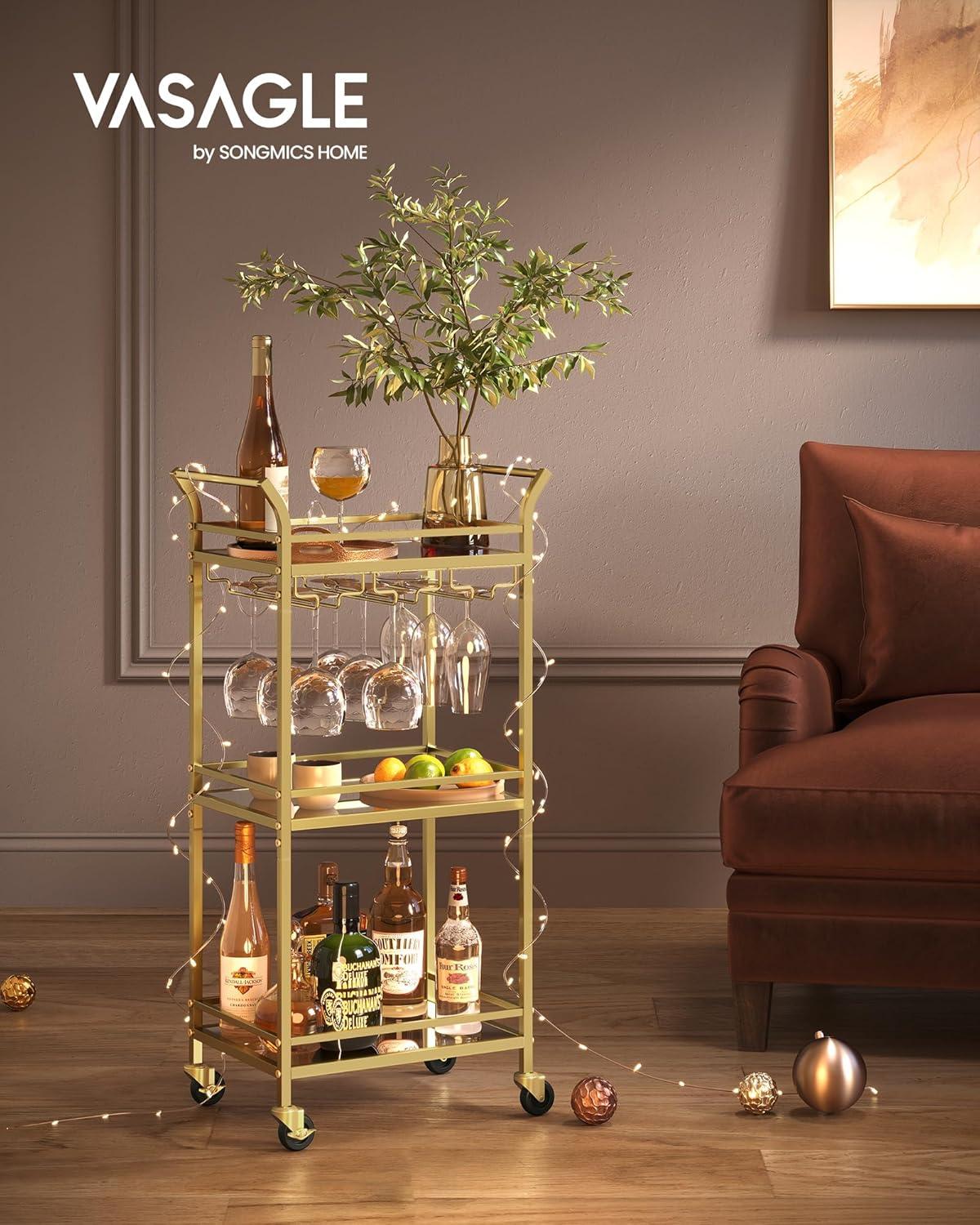 Pale Gold 3-Tier Bar Cart with Mirrored Glass Shelves