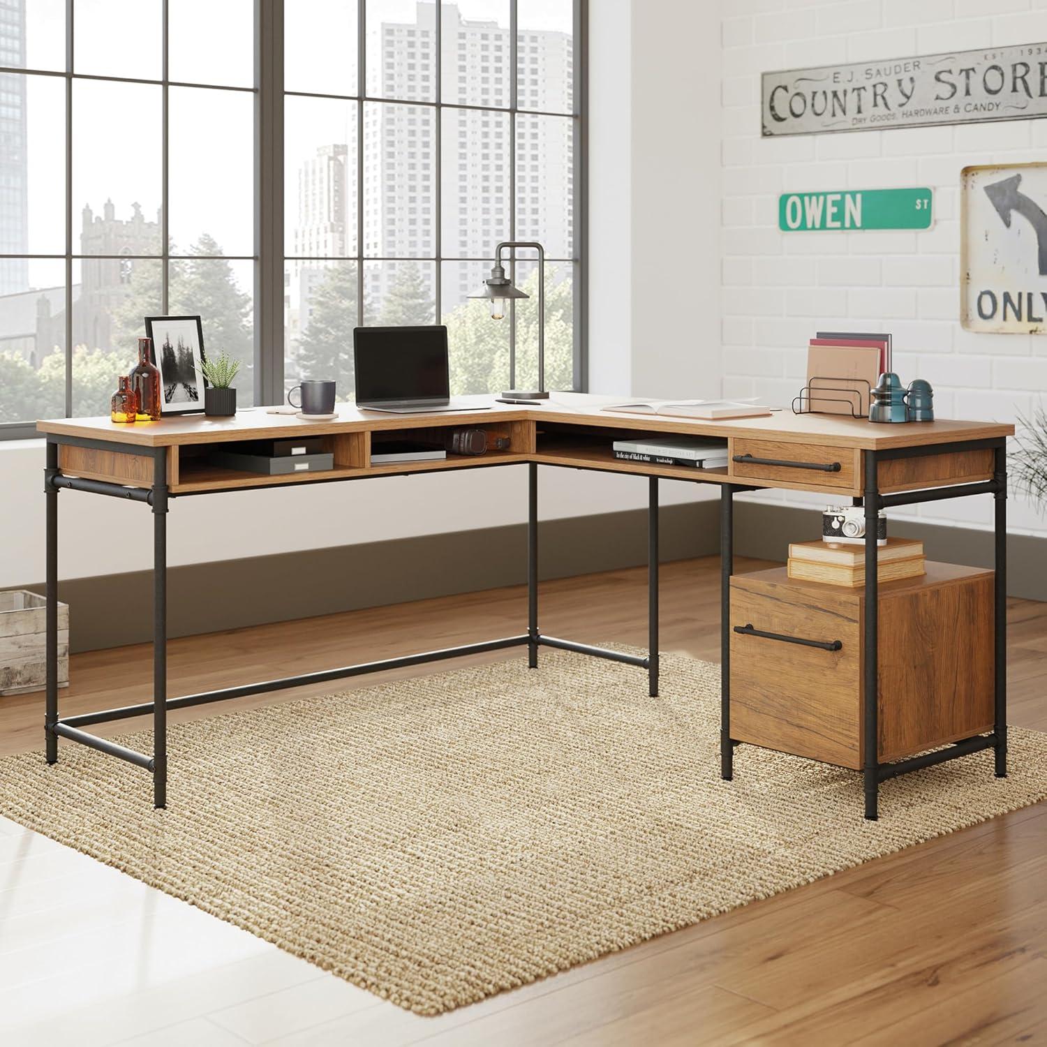 Sauder Iron City L Shaped Computer Desk Checked Oak: Industrial Style with Metal Frame & Hutch Storage