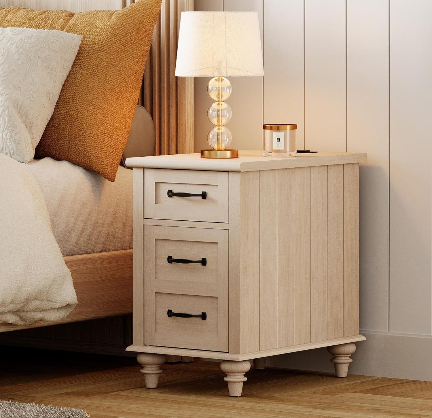 WAMPAT Beige End Table with Charging Station, Narrow Side Table with 1 Drawer &1 Storage Cabinet, Mid Century Modern Nightstand with Power Outlets & USB Ports for Living Room, Bedroom