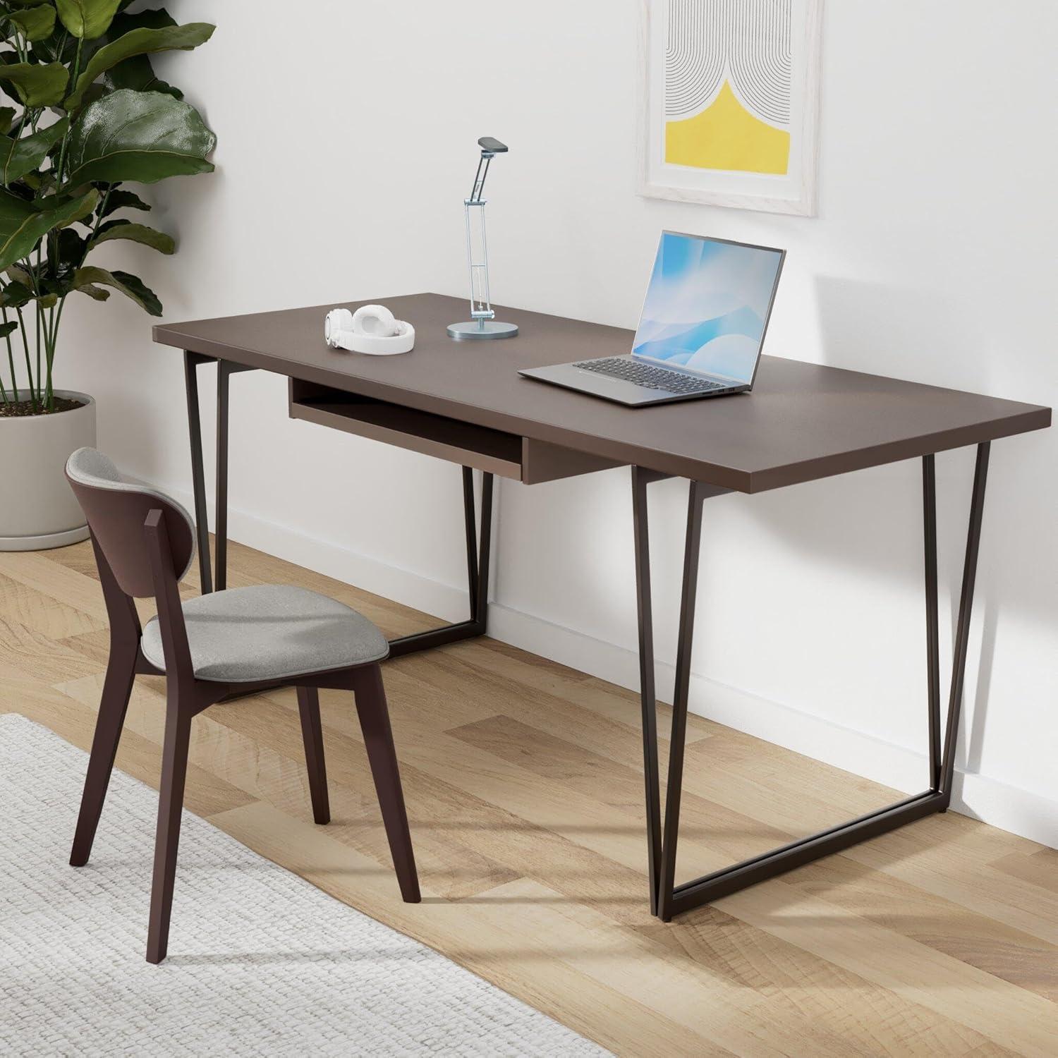 Simpli Home Ryder 66"W Solid Wood Desk, Industrial Contemporary Style with Keyboard Tray and V-Design Metal Base