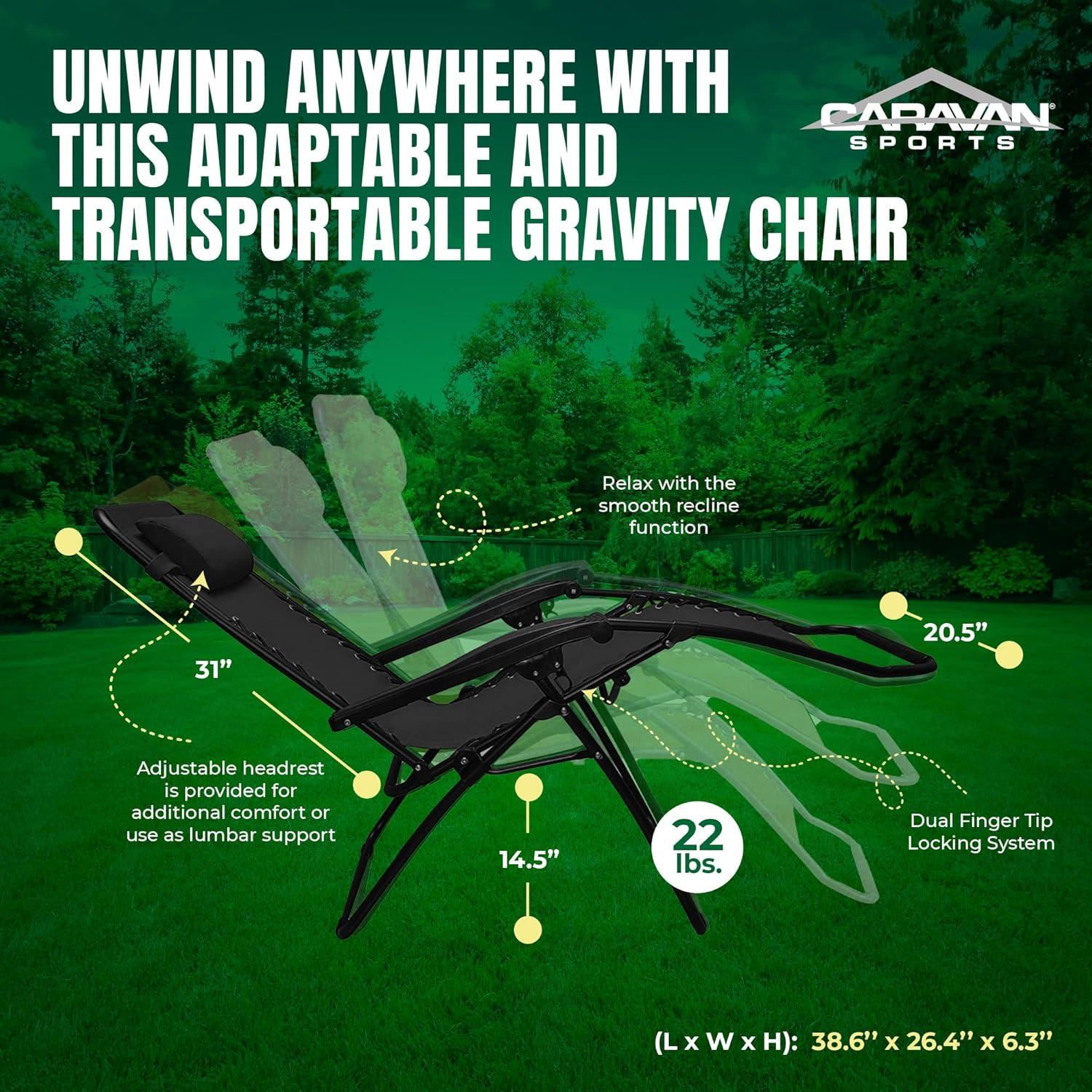 Caravan Sports Zero Gravity Outdoor Folding Lounge Chair, Black (Pair)