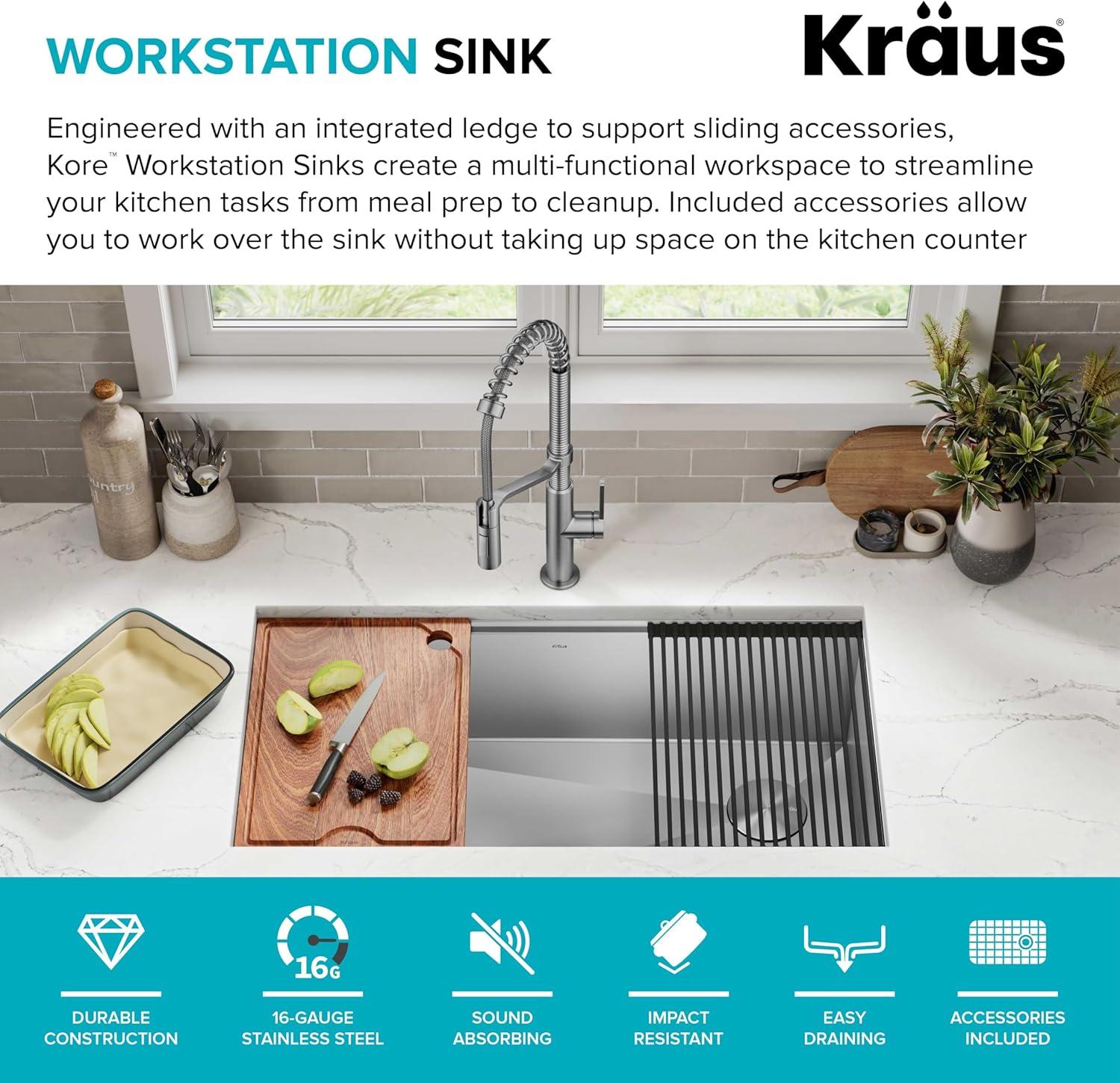 KRAUS Kore™ 36" L Undermount Workstation 16 Gauge Stainless Steel Single Bowl Kitchen Sink with Accessories