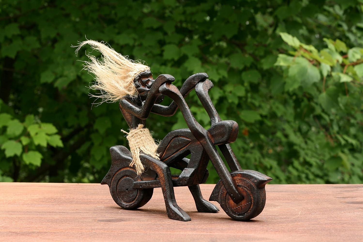 Handmade Wooden Single Primitive Tribal Riding Harley Davidson Statue Motorcycle Sculpture Tiki Bar Unique Gift Wood Home Decor Figurine Hand Carved