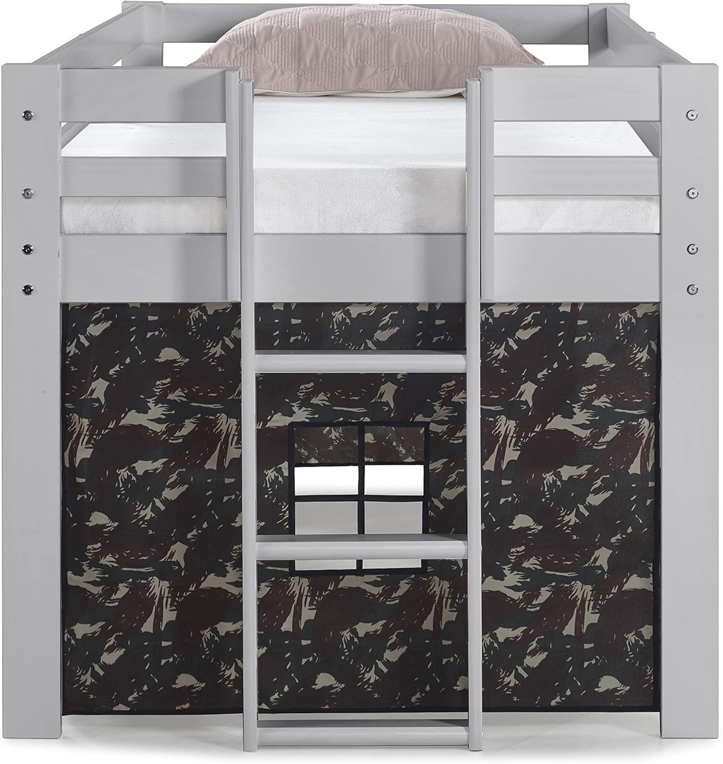 Alaterre Jasper Twin Junior Loft Bed, Dove Gray Frame and Green Camouflage Bottom Playhouse Tent