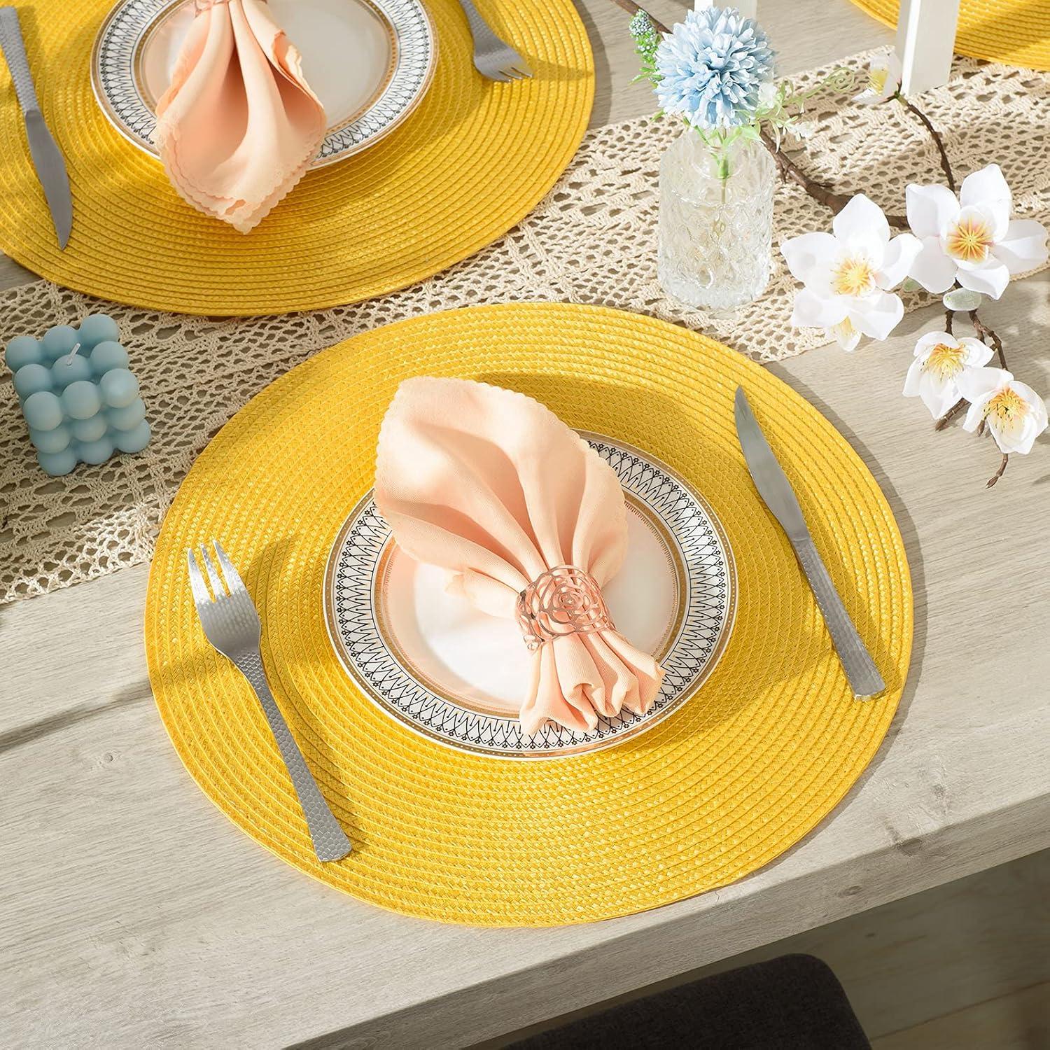 AHHFSMEI Round Braided Placemats 15 Inch Round Table Mats for Dining Tables Woven Heat Resistant Place mats Set of 6 (Yellow)