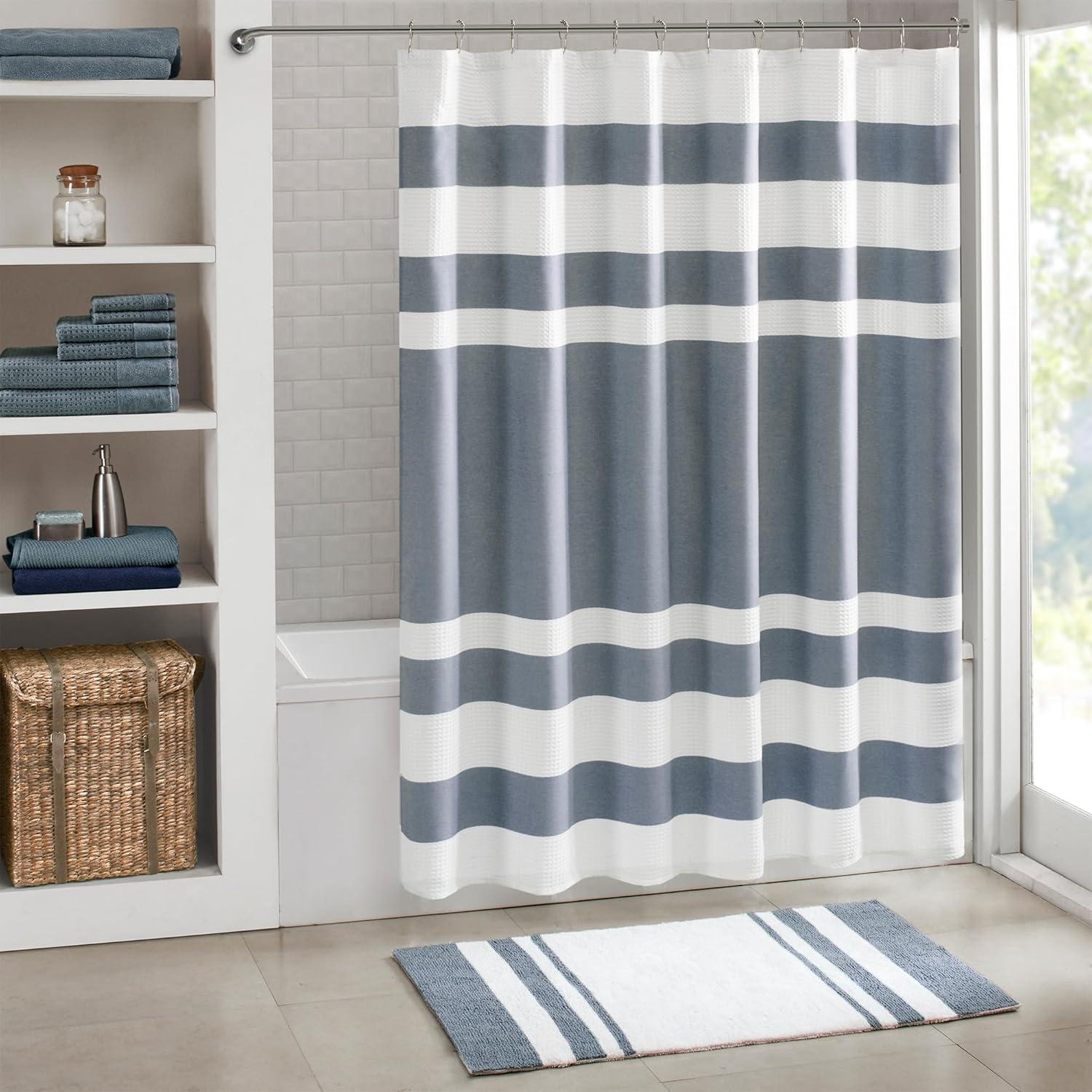 Dark Blue and White Striped Fabric Shower Curtain