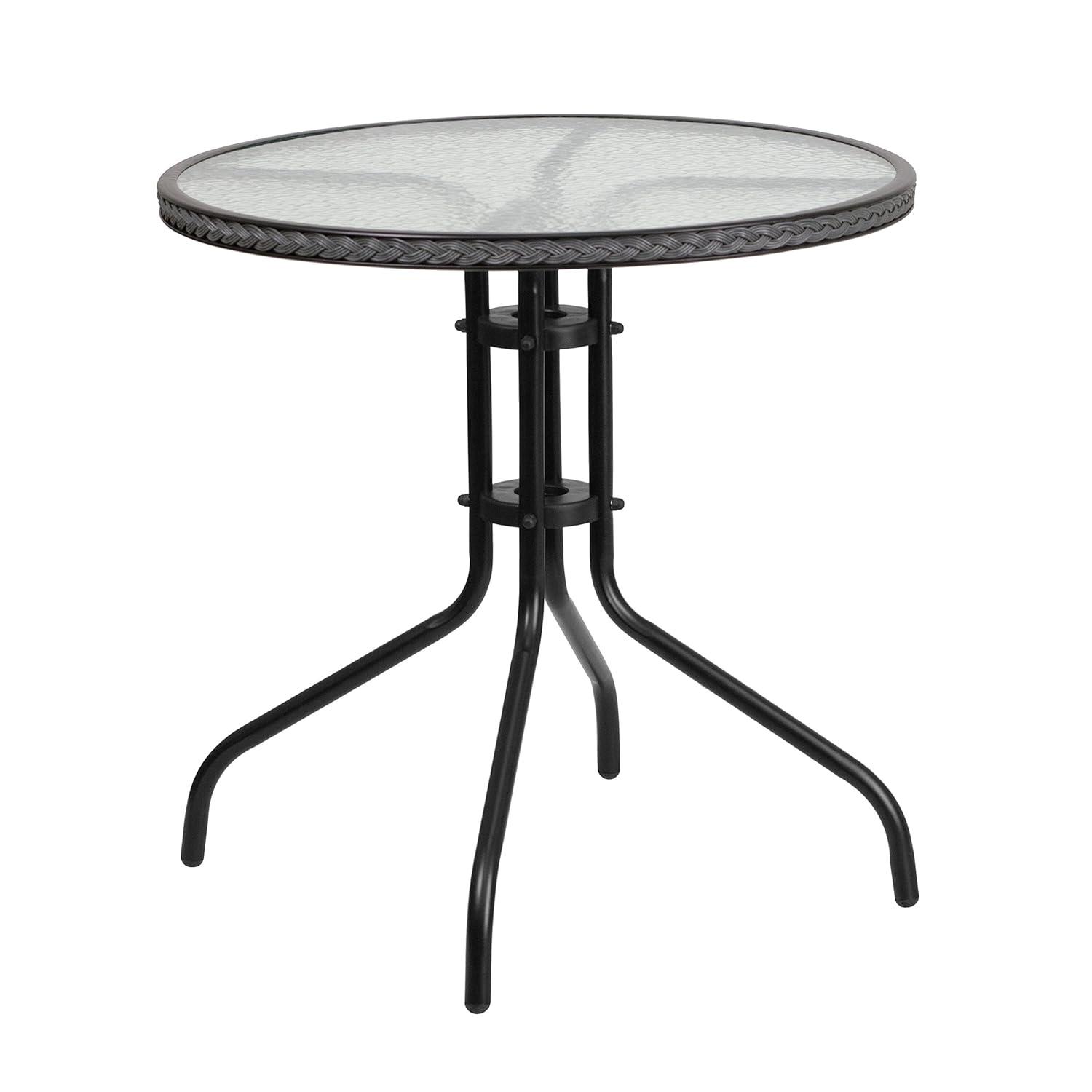 Flash Furniture Barker 28'' Round Tempered Glass Metal Table with Gray Rattan Edging