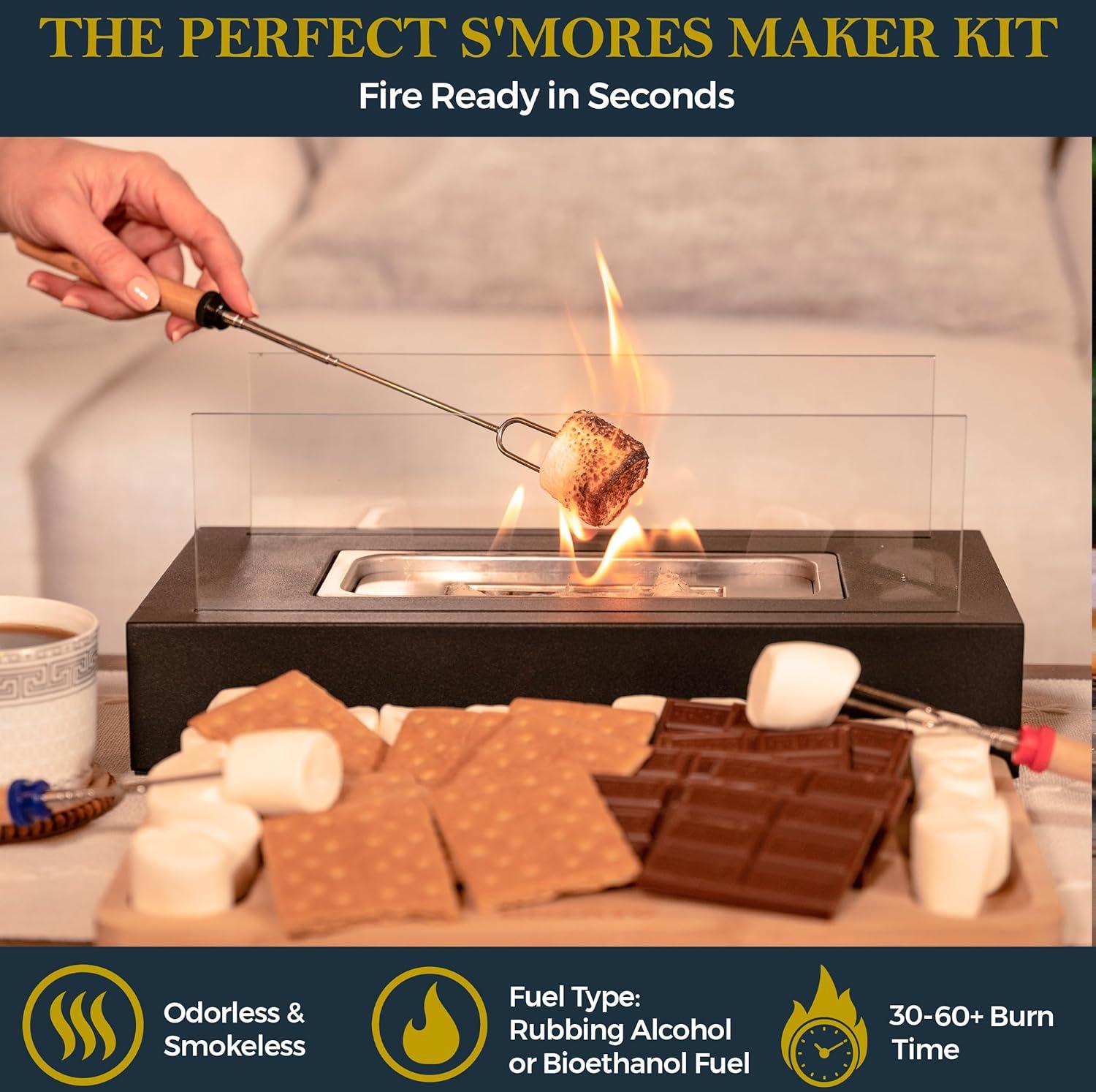 Black Bio-Ethanol Tabletop Fire Pit with Smores Kit