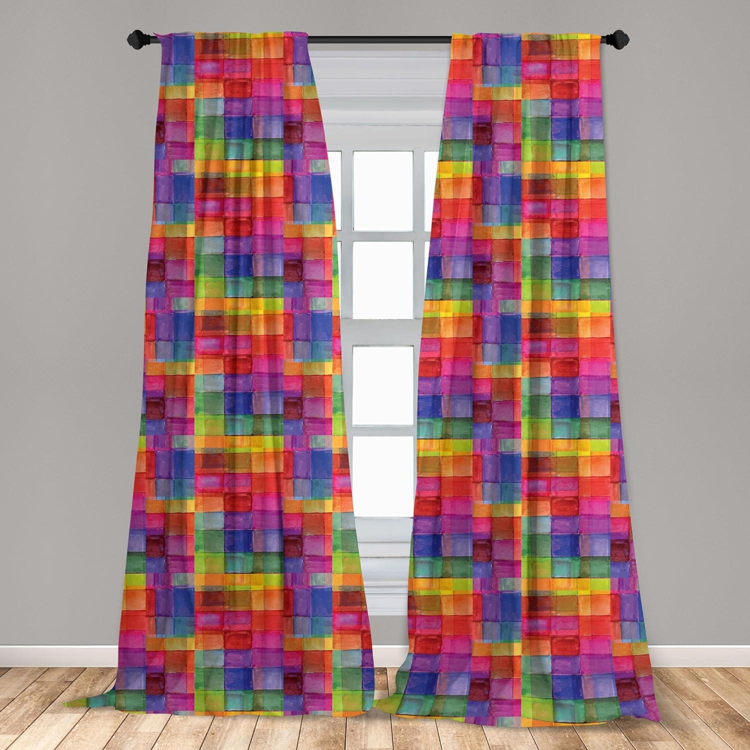 Ambesonne Abstract Curtains, Rainbow Colors Squares, Pair of 28"x63", Multicolor