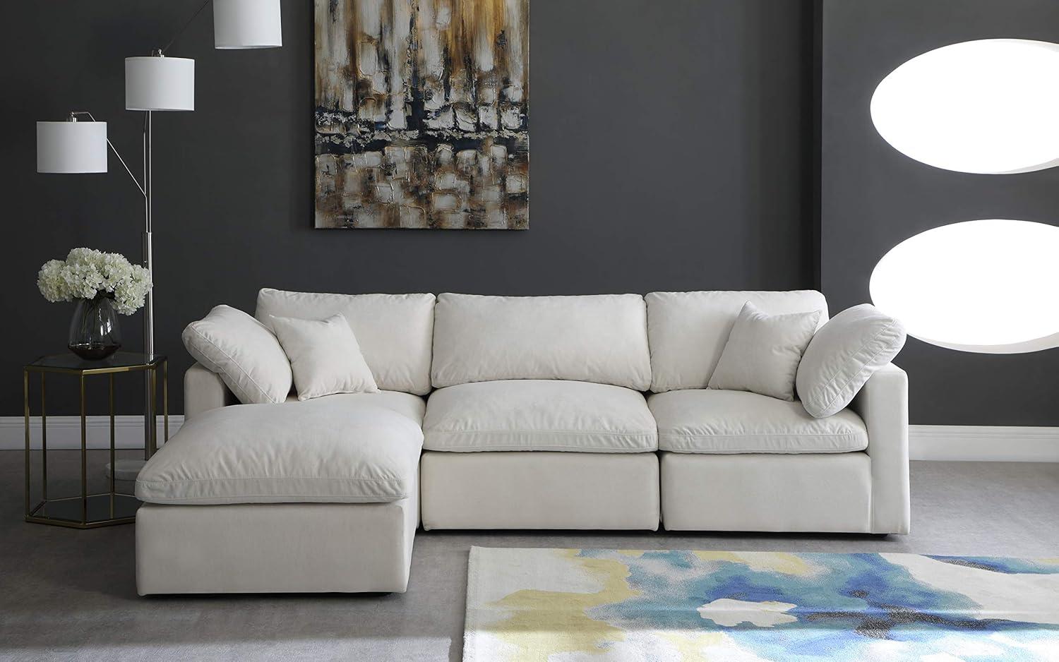 Meridian Furniture 602Cream-Sec4A Plush Collection Contemporary Down Filled Comfort Overstuffed Velvet Upholstered Modular L-Shaped Sectional 3-Seater and 1 Ottoman Cream