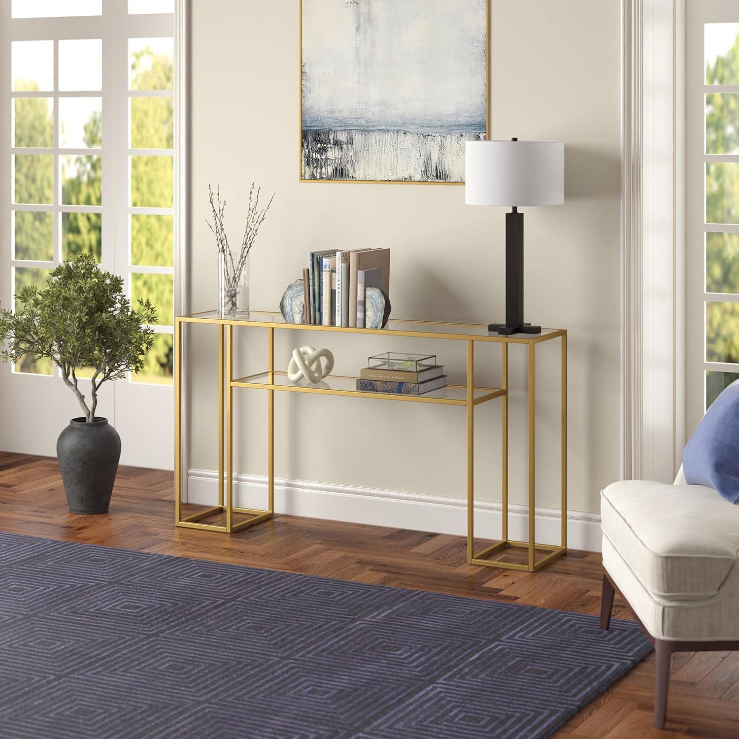 Evelyn&Zoe Marilyn 55" Wide Rectangular Console Table, Brass