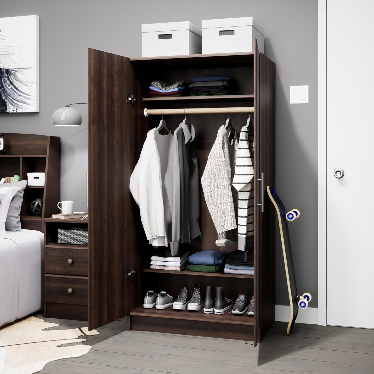 Elite 32" Espresso Wardrobe Cabinet with Hanging Rod and Shelves