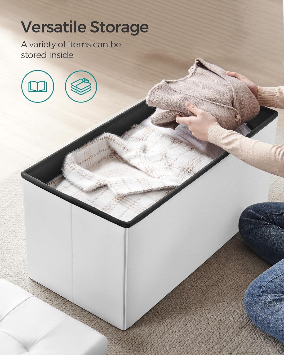 SONGMICS 30 Inches Folding Storage Ottoman Bench with Flipping Lid White