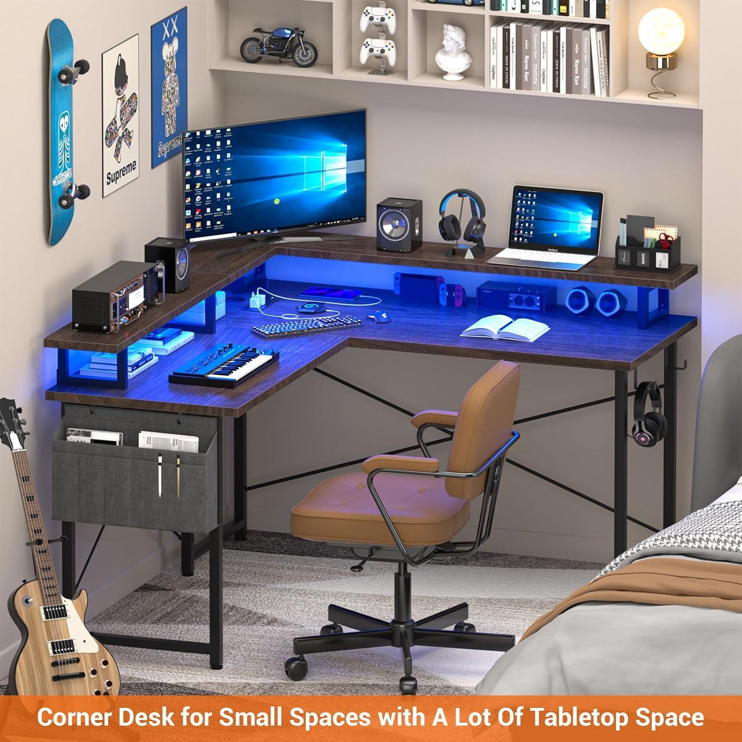 Walnut and Black L-Shaped Gaming Desk with Power Outlet