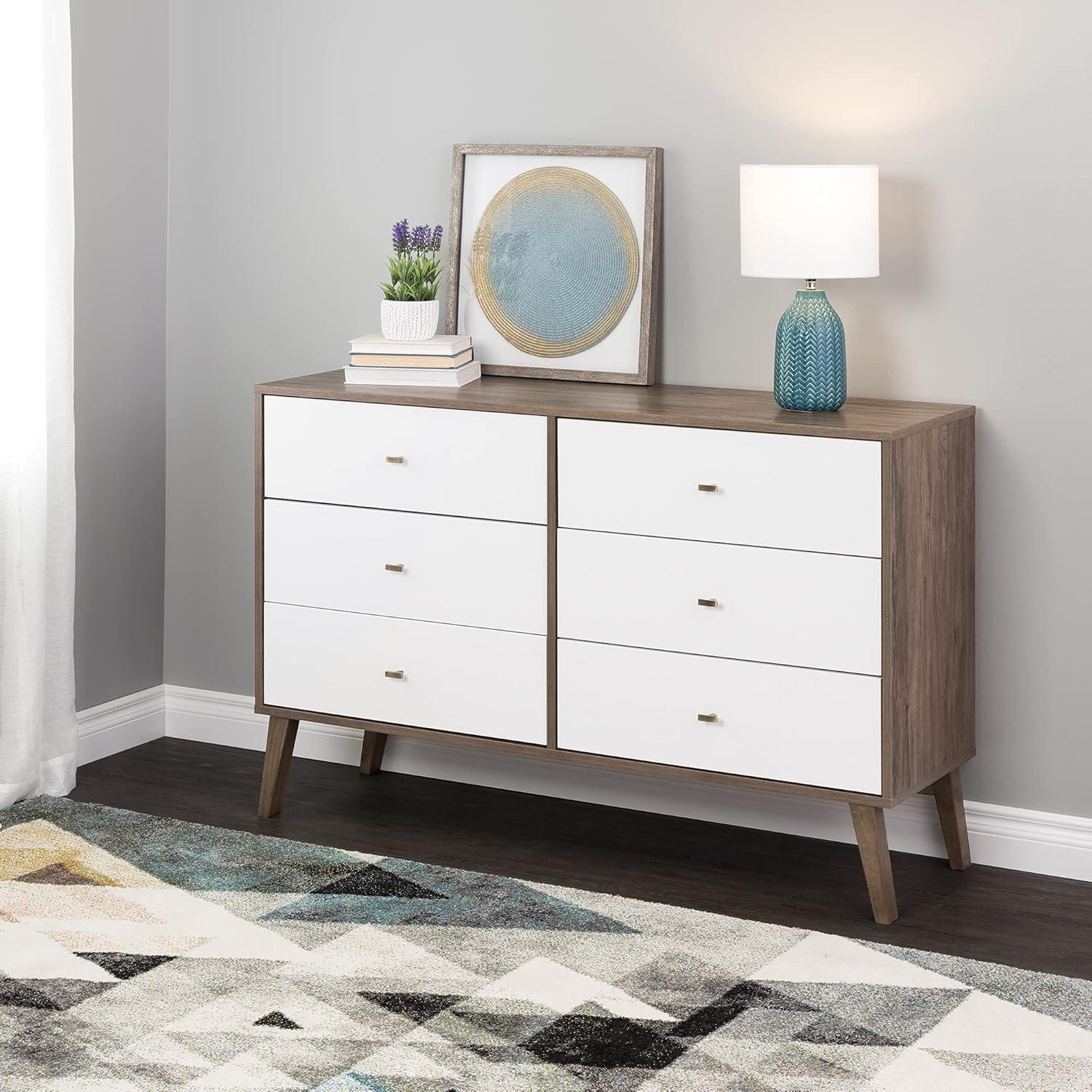 Milo Mid-Century Modern 6 Drawers Dresser Drifted Gray/White - Prepac