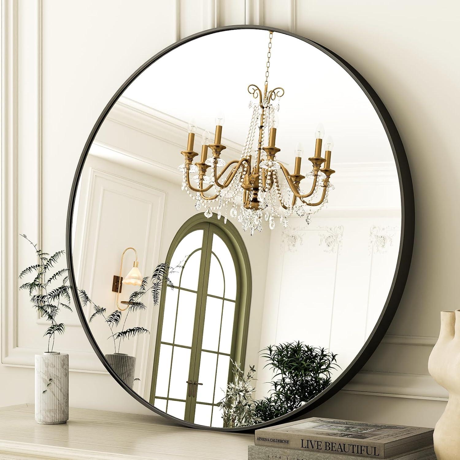 30" Black Round Bathroom Mirror with Aluminum Frame