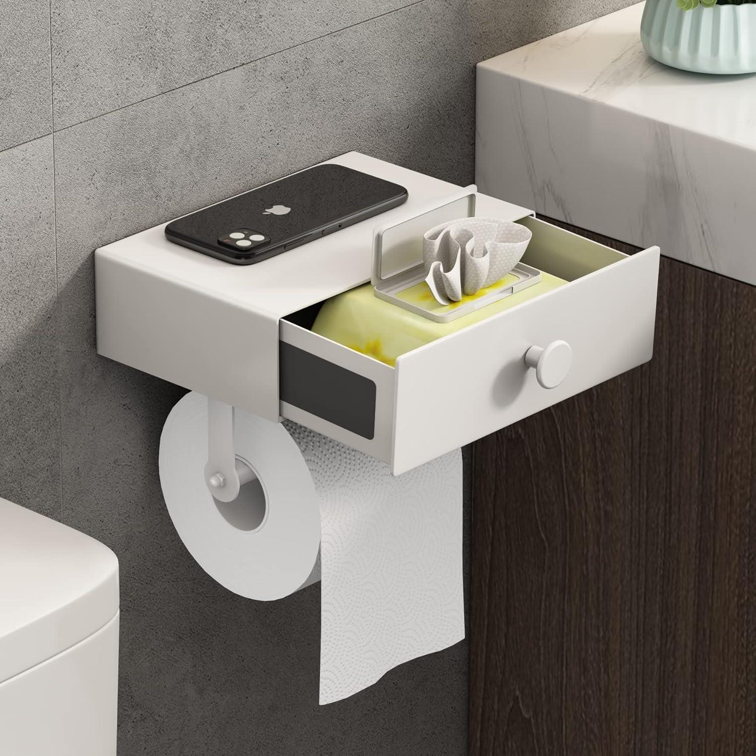 Wall-Mount Adhesive Toilet Paper Holder: Storage Drawer & Shelf - Matte White
