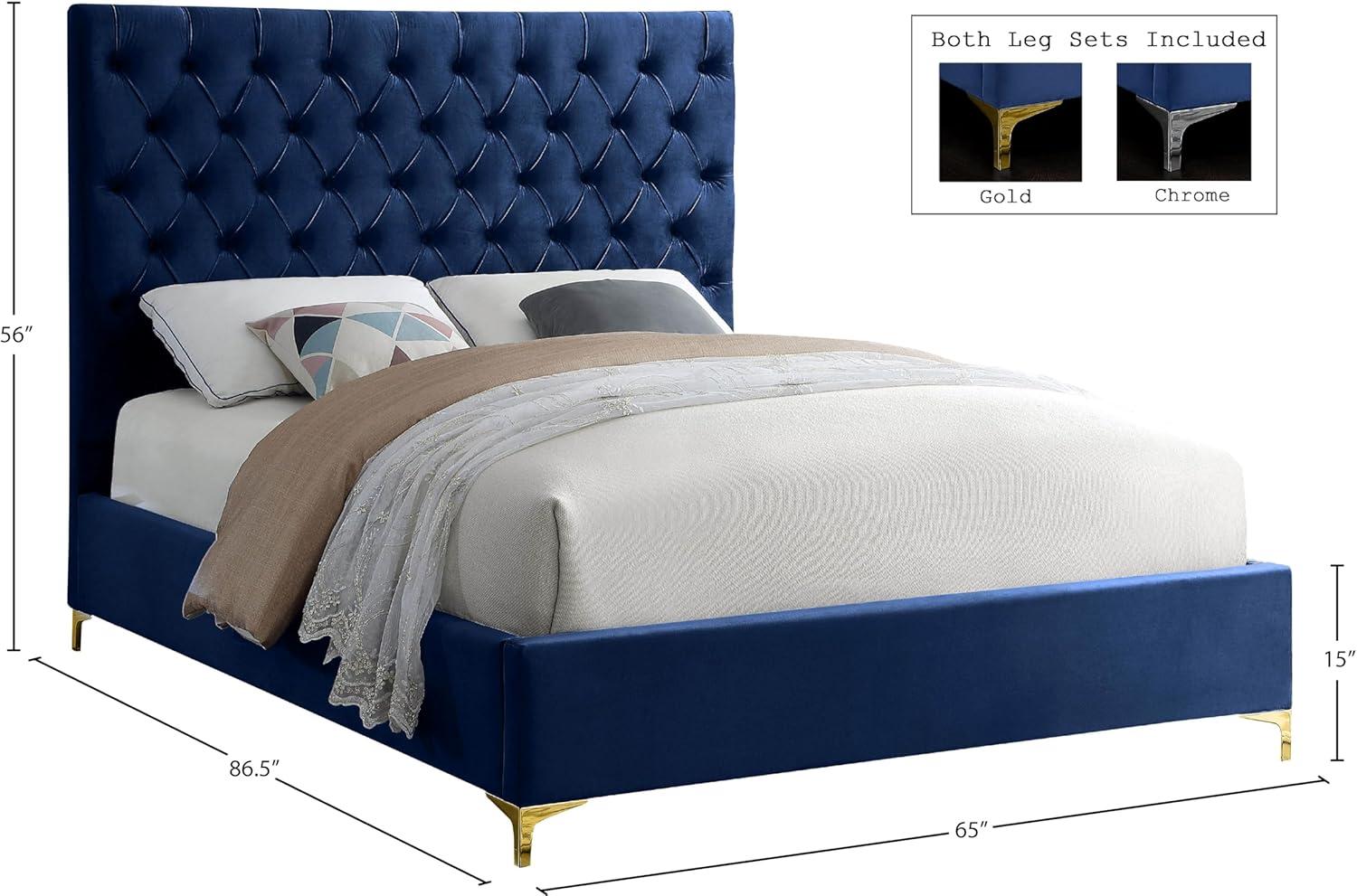 Meridian Furniture Cruz Solid Wood Tufted Velvet Queen Bed in Navy