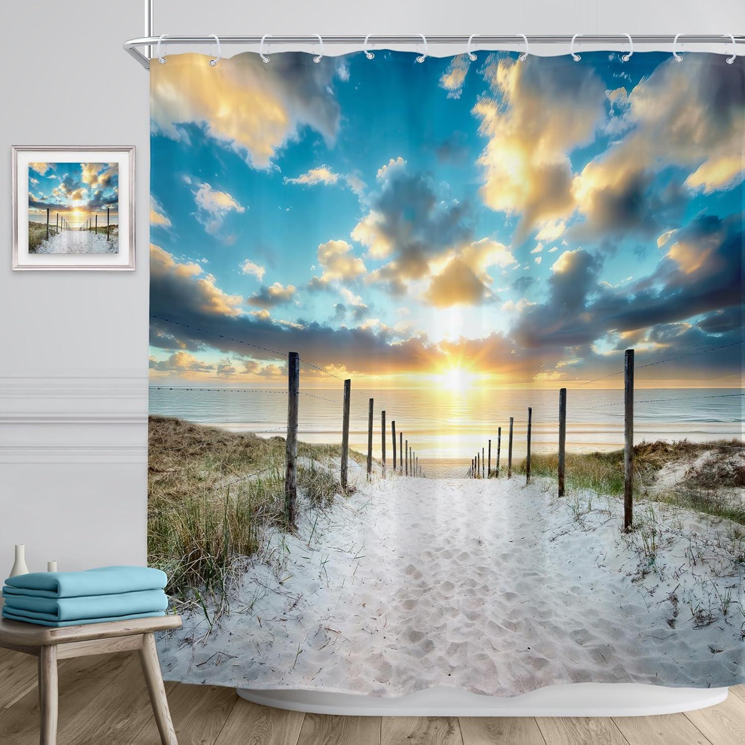 Riyidecor Ocean Beach Shower Curtain 72Wx72H Inch Beachy Coatsal Seaside Seashore Summer Tropical Sunset Nature Landscape Bathroom Decor Fabric Polyester Waterproof 12 Pack Hooks