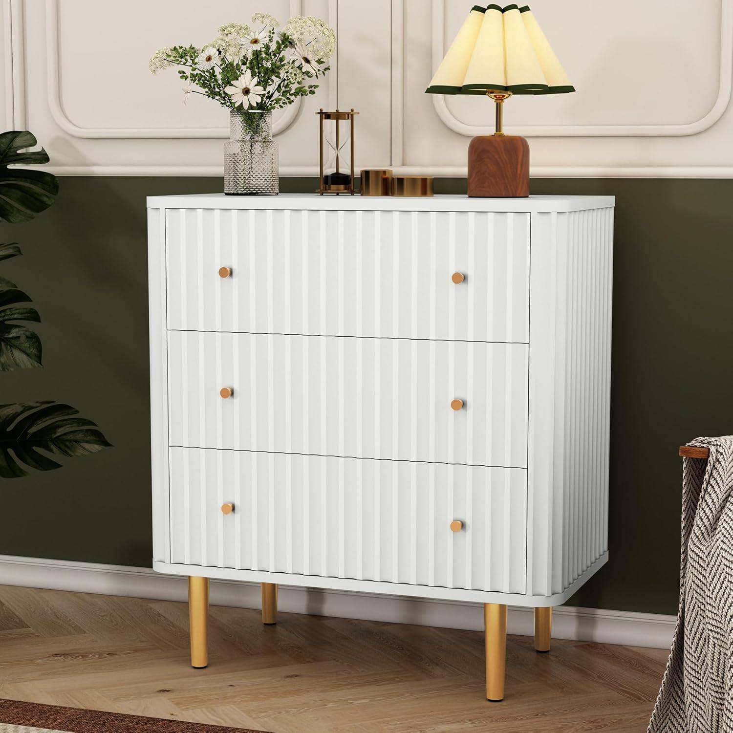 White Fluted 3-Drawer MDF Dresser with Gold Accents