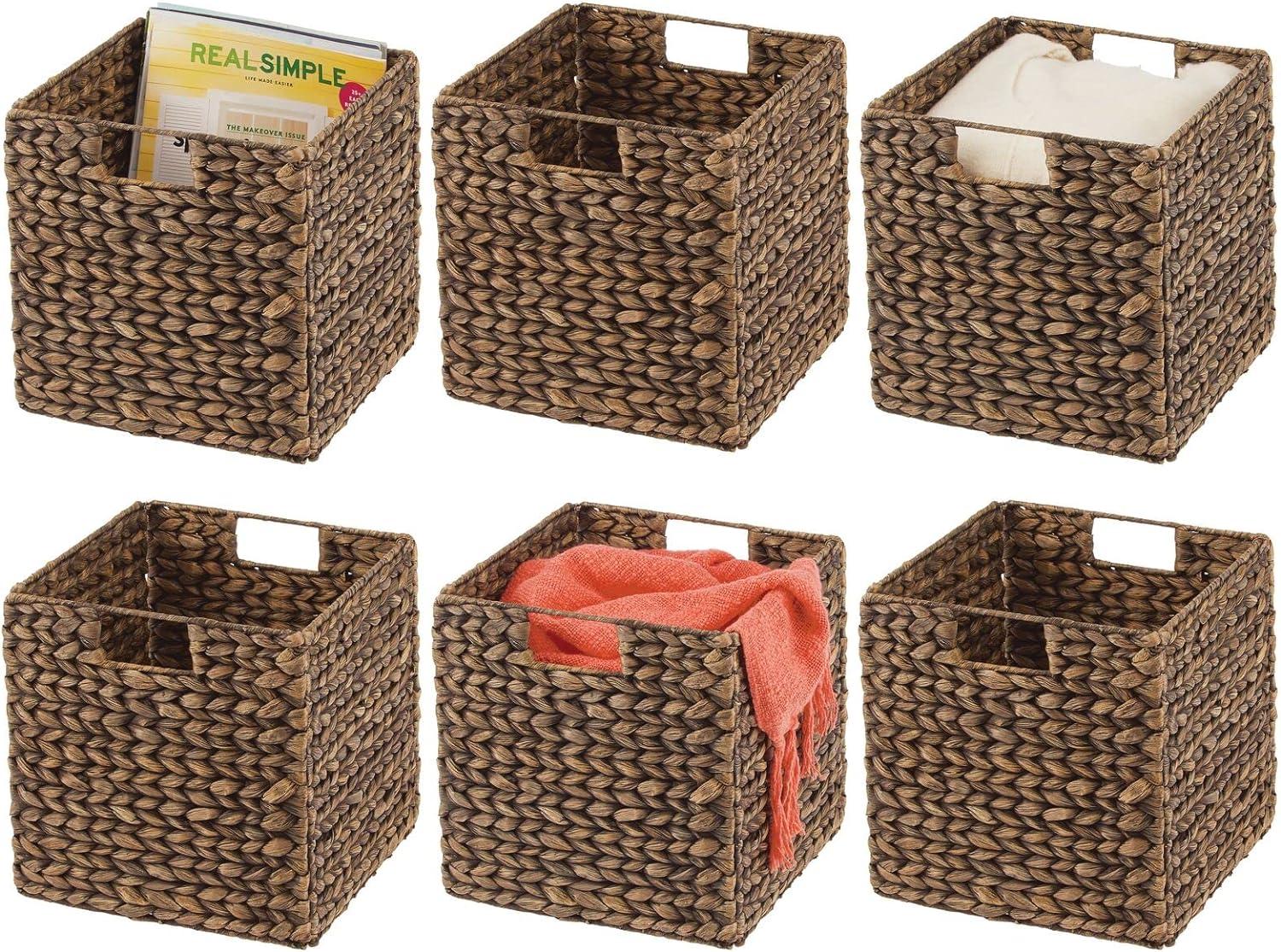 Brown Wash Seagrass Woven Cube Storage Baskets with Handles, Set of 6