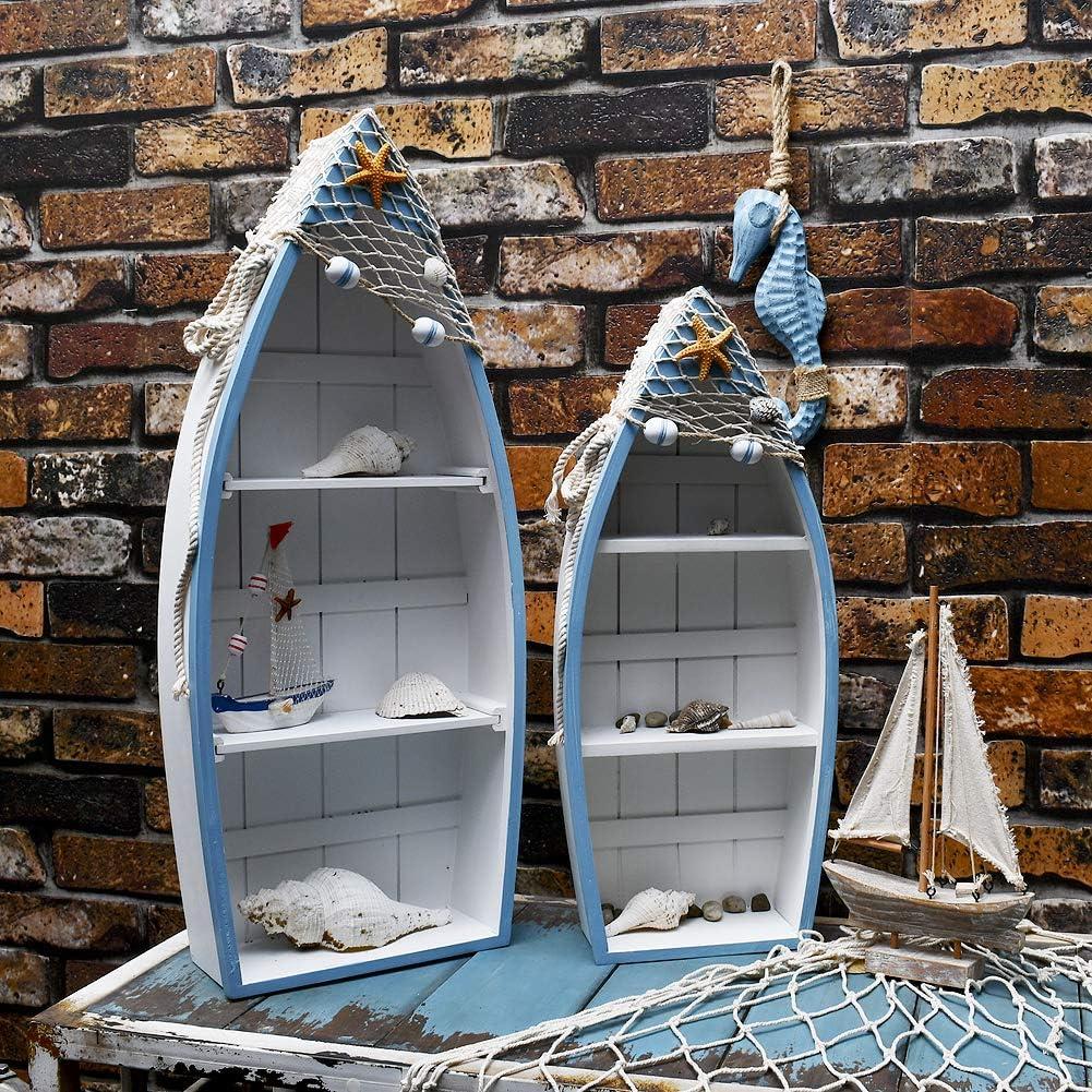 Nautical White and Blue Wooden Boat Shelf Set with Rope Accents