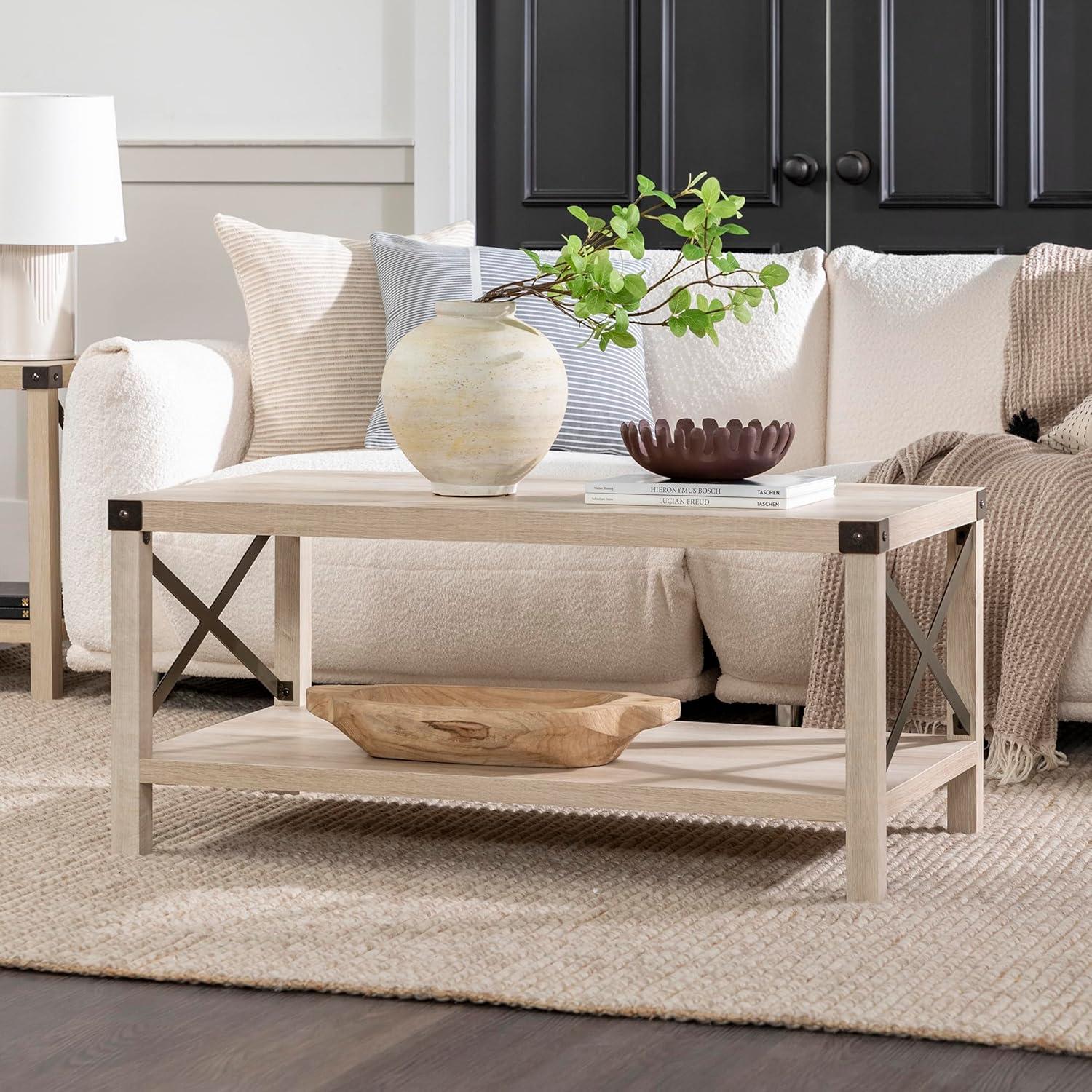 Walker Edison Magnolia Metal X Coffee Table, White Oak