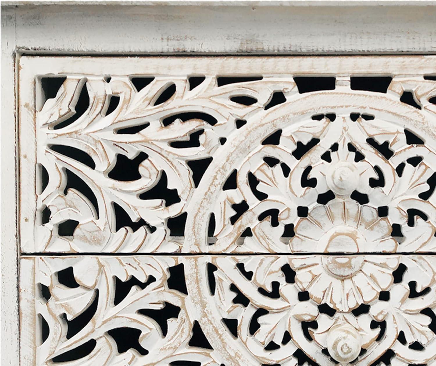 The Urban Port 24" Handcrafted Mango Wood Nightstand Side Table 2 Drawers Floral Carved Cut Out Design Antique White