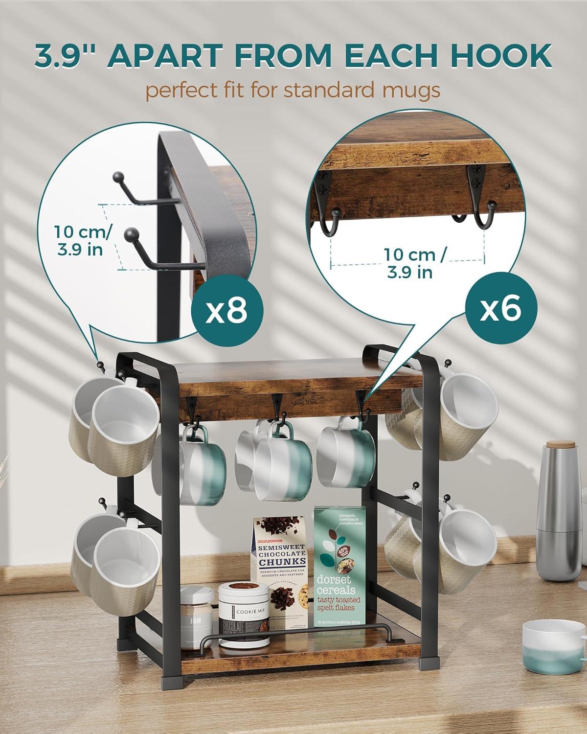 17 Stories Coffee Bar Organizer With 14 Mug Hooks, Wood Coffee Mug Holder Stand For Countertop, 2 Tier Coffee Station Organizer For Coffee Cups, Mugs, Syrups, Accessories