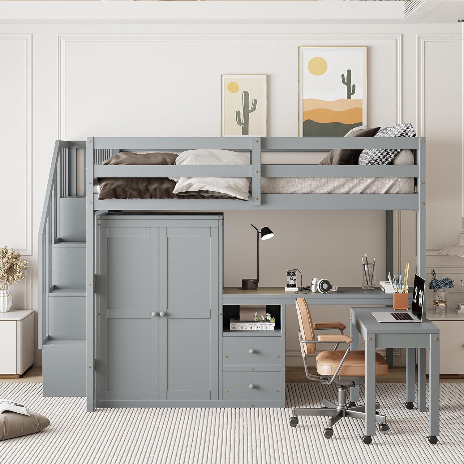 Harper & Bright Designs Full Size Loft Bed with Desk, Wood Full Loft Bed with Stairs, Bookshelf, Drawers & Wardrobe – Space-Saving Multifunctional Furniture, Gray
