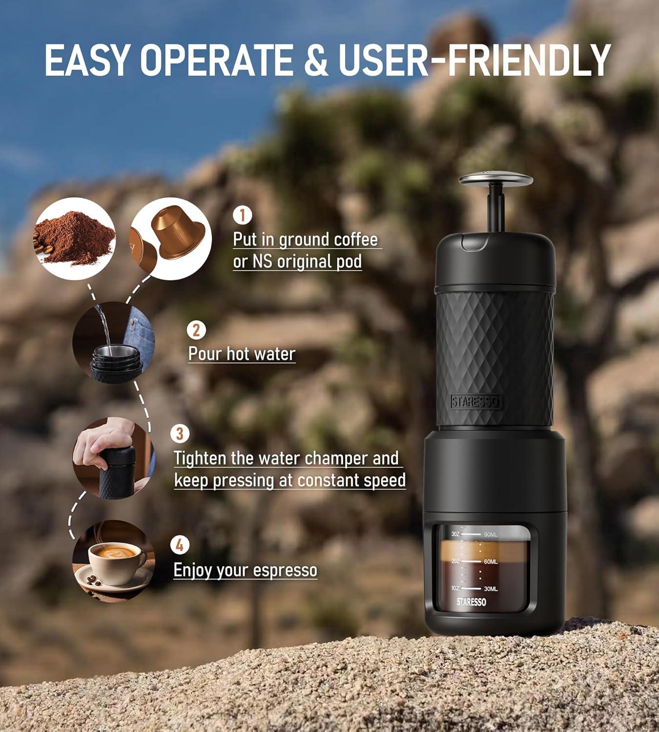 Compact Black Portable Espresso Maker with Capsule Compatibility
