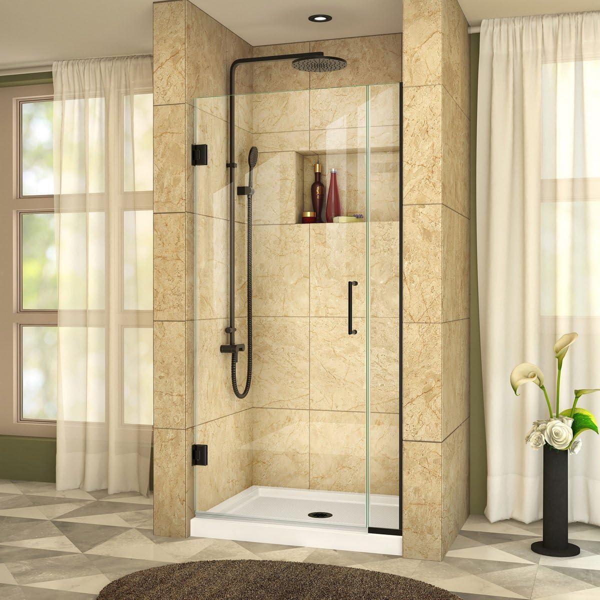 Satin Black Frameless Hinged Shower Door with Clear Glass