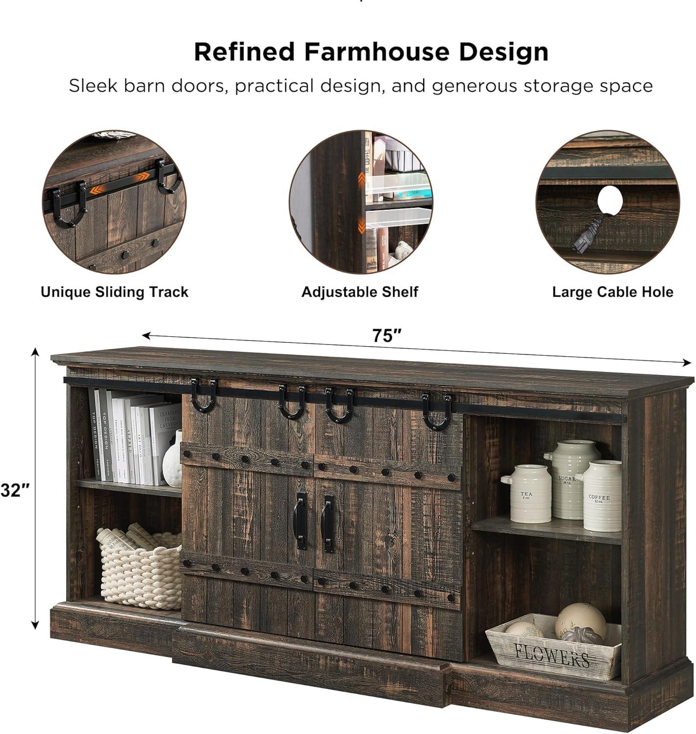 OKD 75" Wide Farmhouse Barn Door TV Stand for TVs up to 85", Entertainment Center with Wood Barn Door Storage Console, Dark Rustic Oak