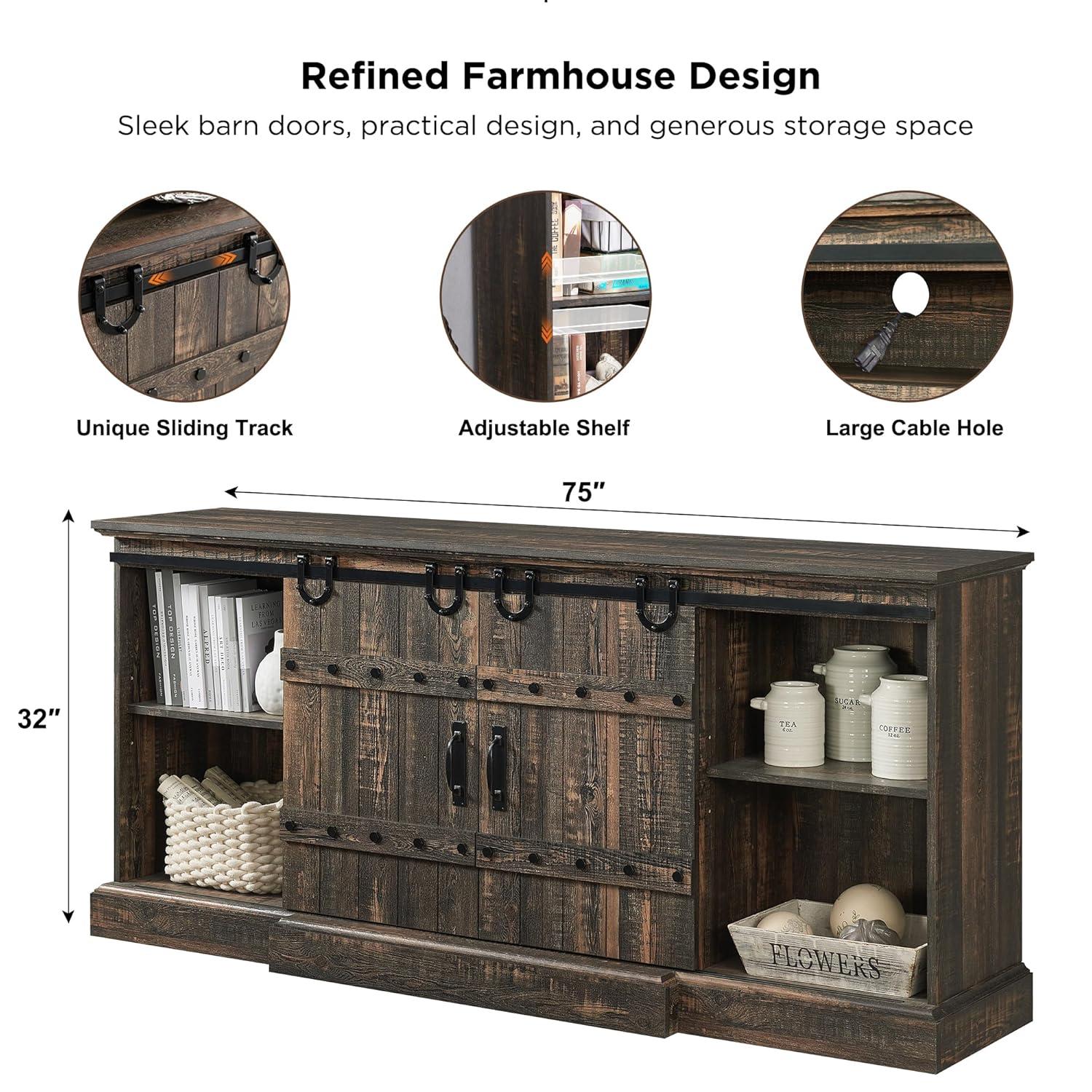 OKD 75" Wide Farmhouse Barn Door TV Stand for TVs up to 85", Entertainment Center with Wood Barn Door Storage Console, Dark Rustic Oak