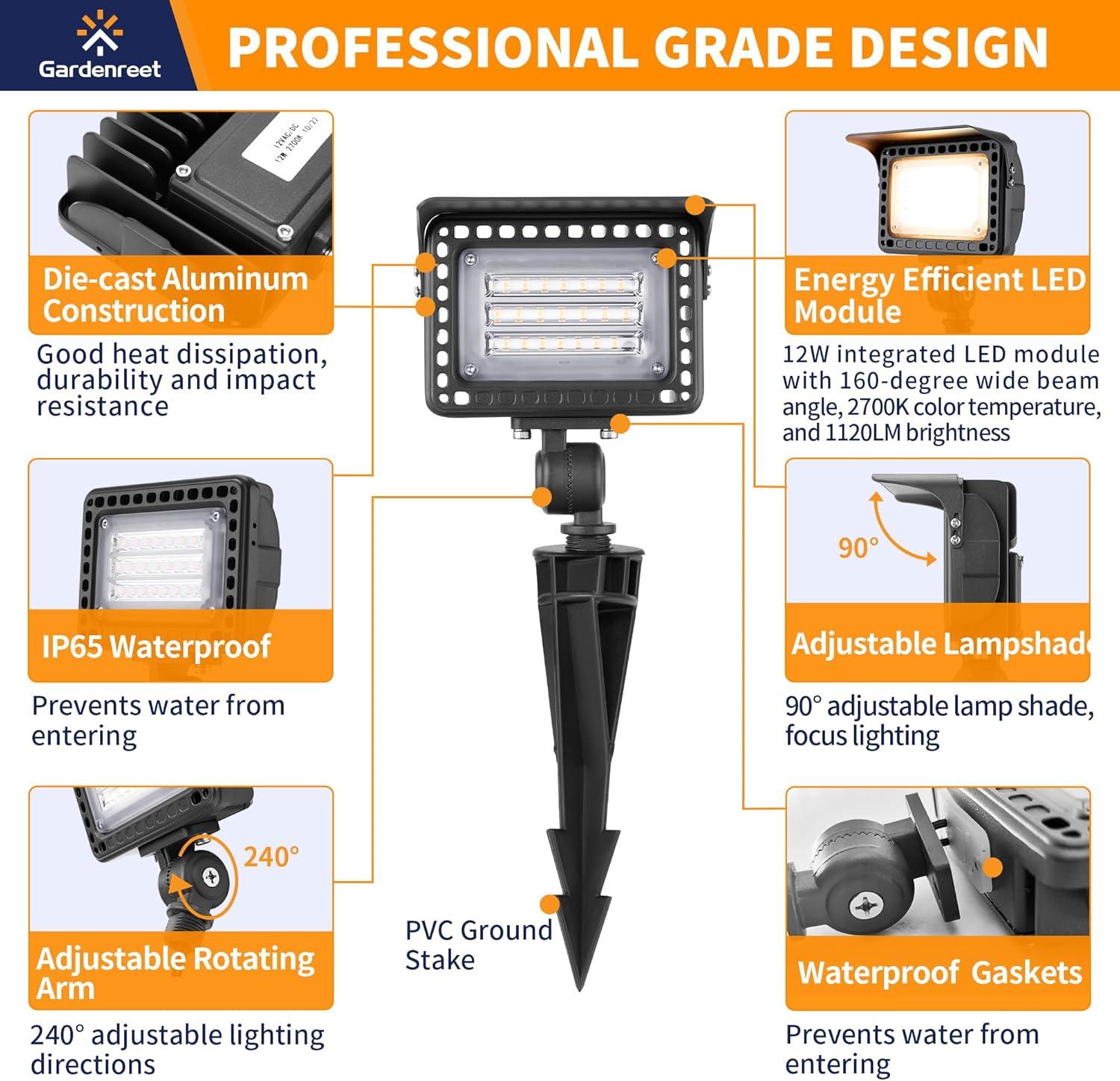 Gardenreet 20W Outdoor Flood Light Dimmable LED, Die-cast Aluminum, 2700K 1800LM, 12V Low Voltage, Waterproof Light Landscape Fixture With Adjustable Angle Arm and Rotating Lamp Shades