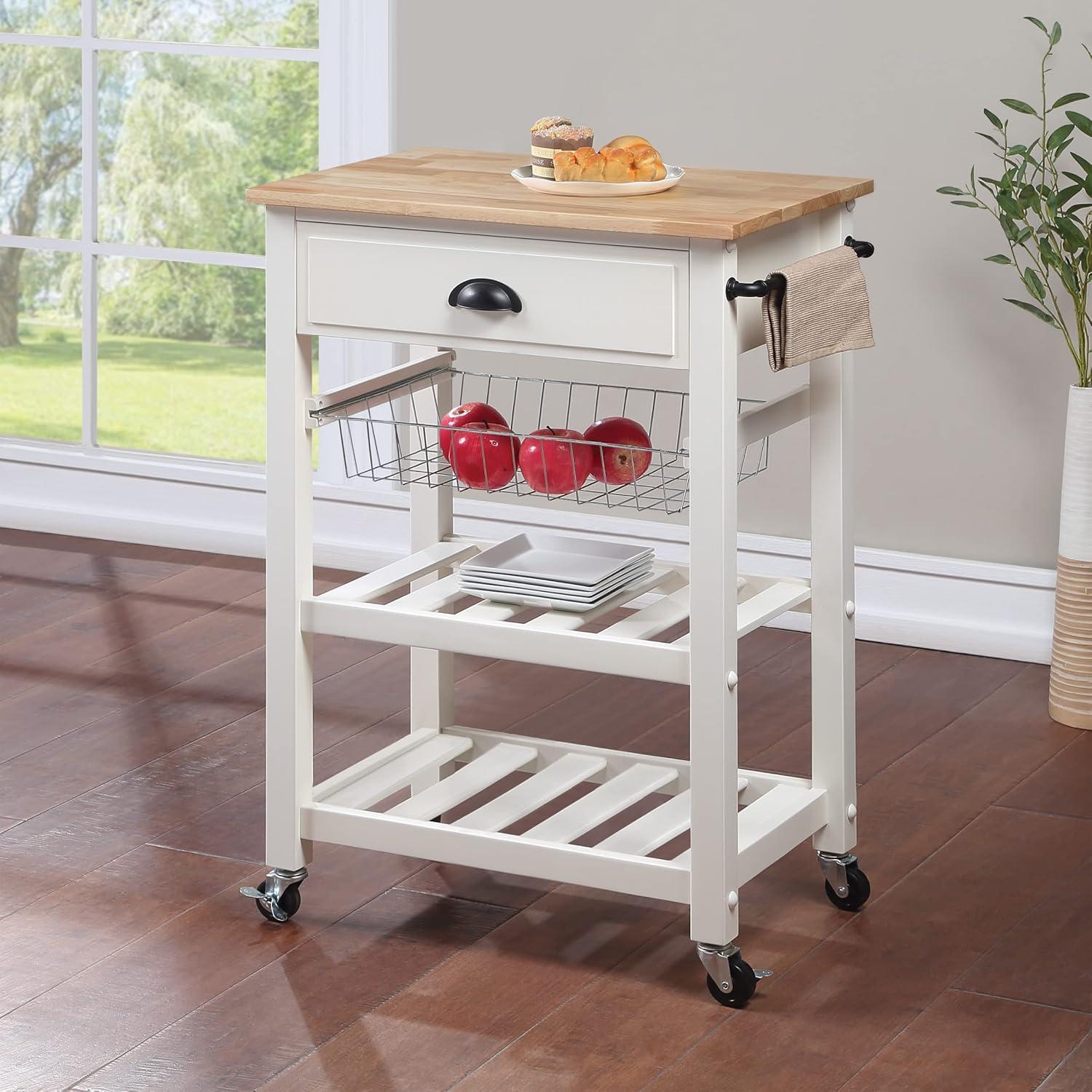 Hampton Engineered Wood Kitchen Cart With Wood Top and White Base
