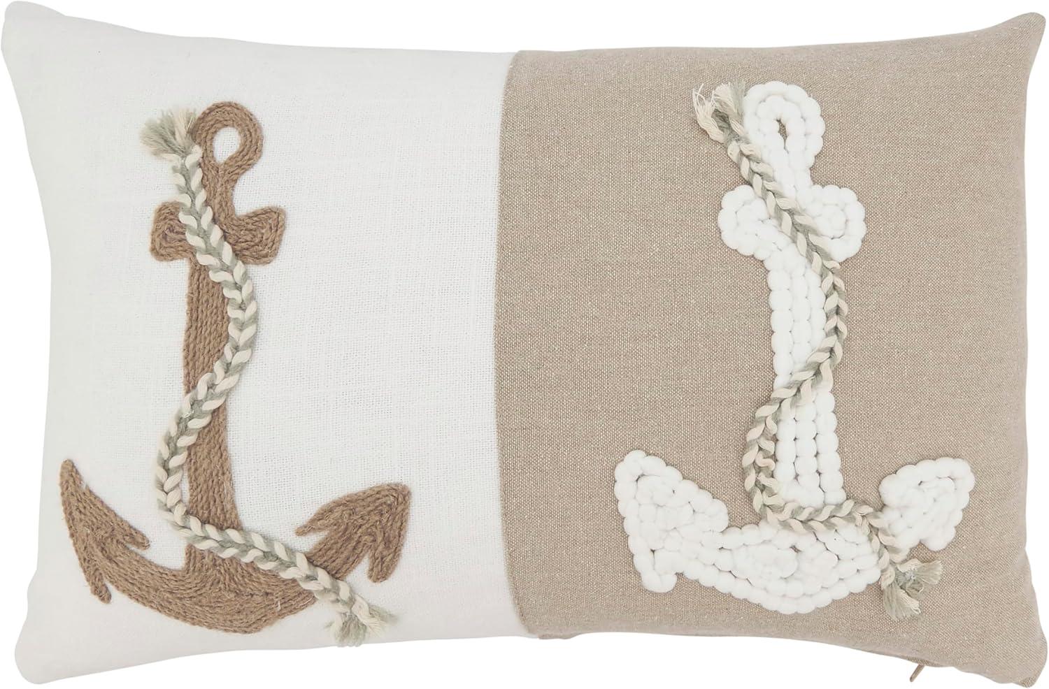 Beige Nautical Anchor Embroidered Cotton Throw Pillow, 12"x18"