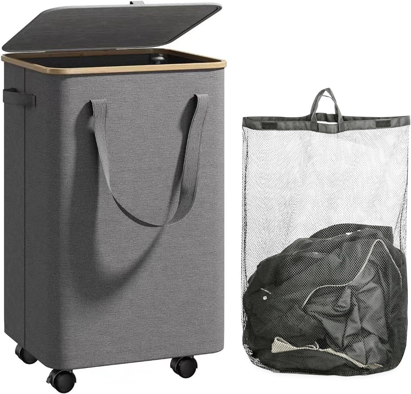 Efluky Laundry Basket with Lid and Removable Bag, 100L Tall Laundry Hamper with Bamboo Handles, Aesthetic Dirty Clothes Bin for Laundry Room, Bathroom, Bedroom and Dorm,Grey