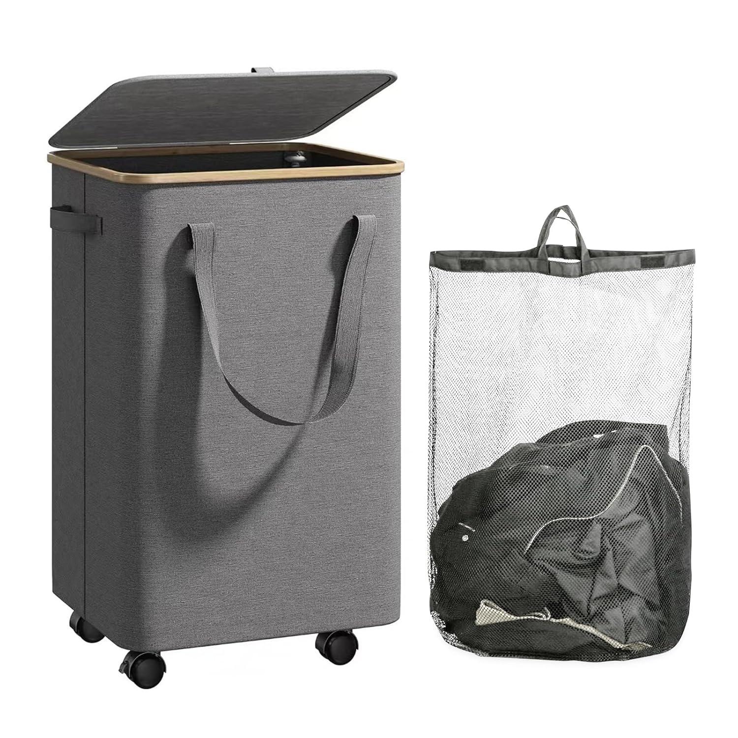 Efluky Laundry Basket with Lid and Removable Bag, 100L Tall Laundry Hamper with Bamboo Handles, Aesthetic Dirty Clothes Bin for Laundry Room, Bathroom, Bedroom and Dorm,Grey