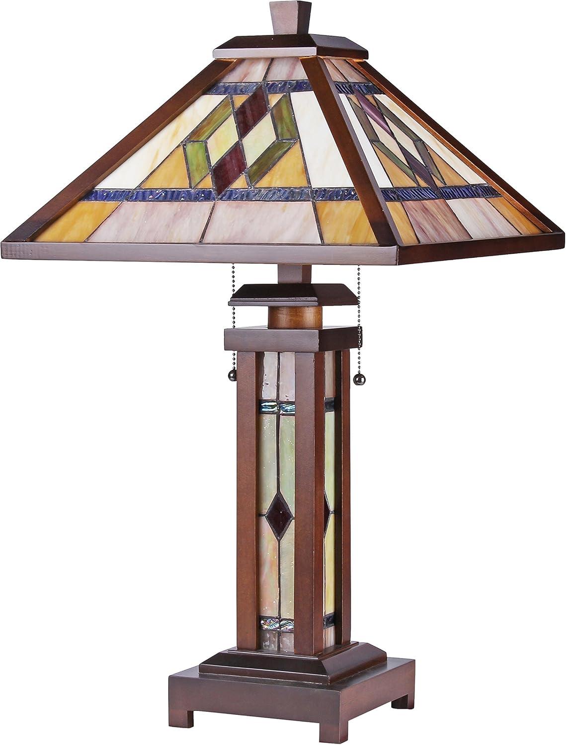 CHLOE Lighting GARETH Tiffany-style Mission 3 Light Double Lit Wooden Table Lamp 15" Shade